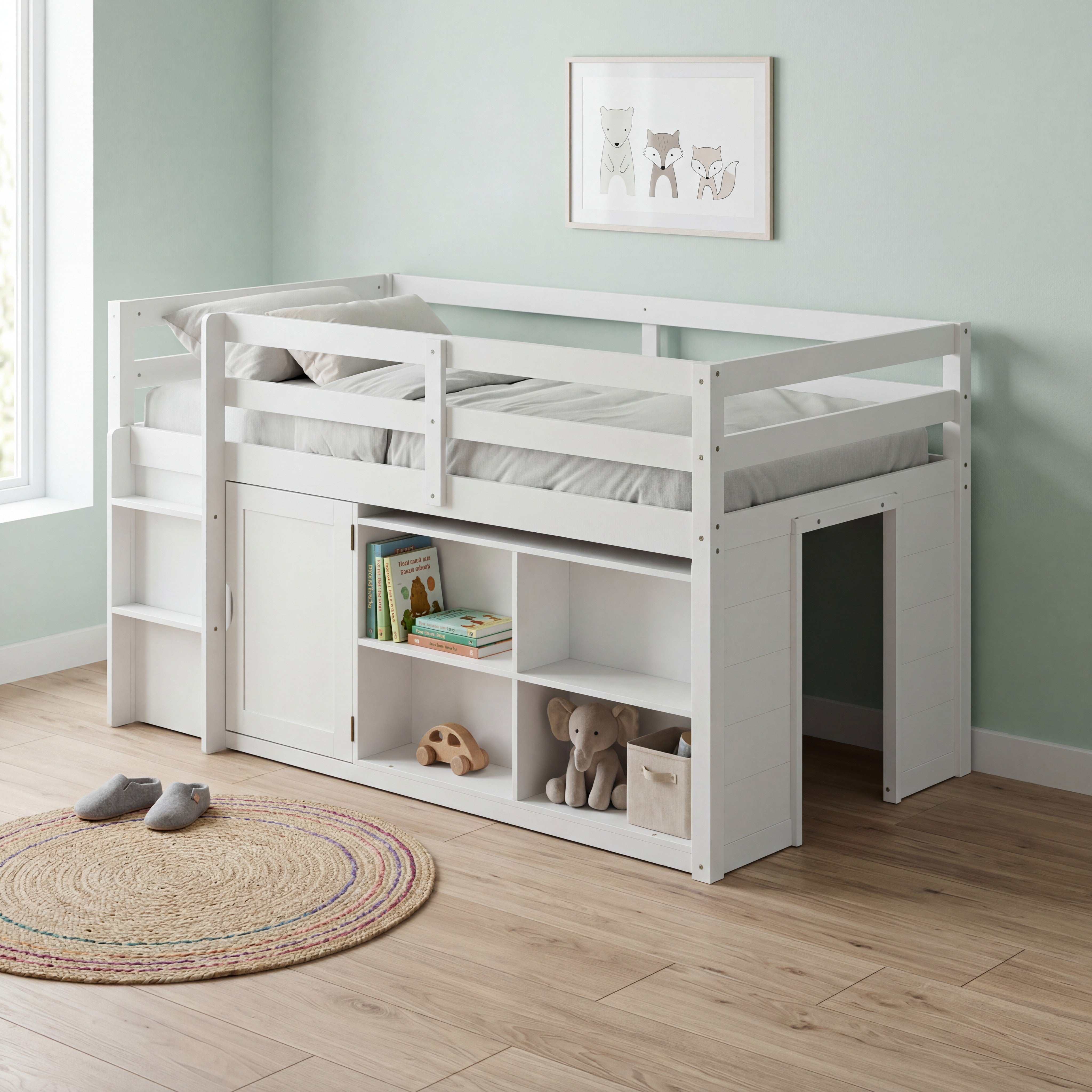 White kids loft bed with storage cabinets, shelves, and ladder