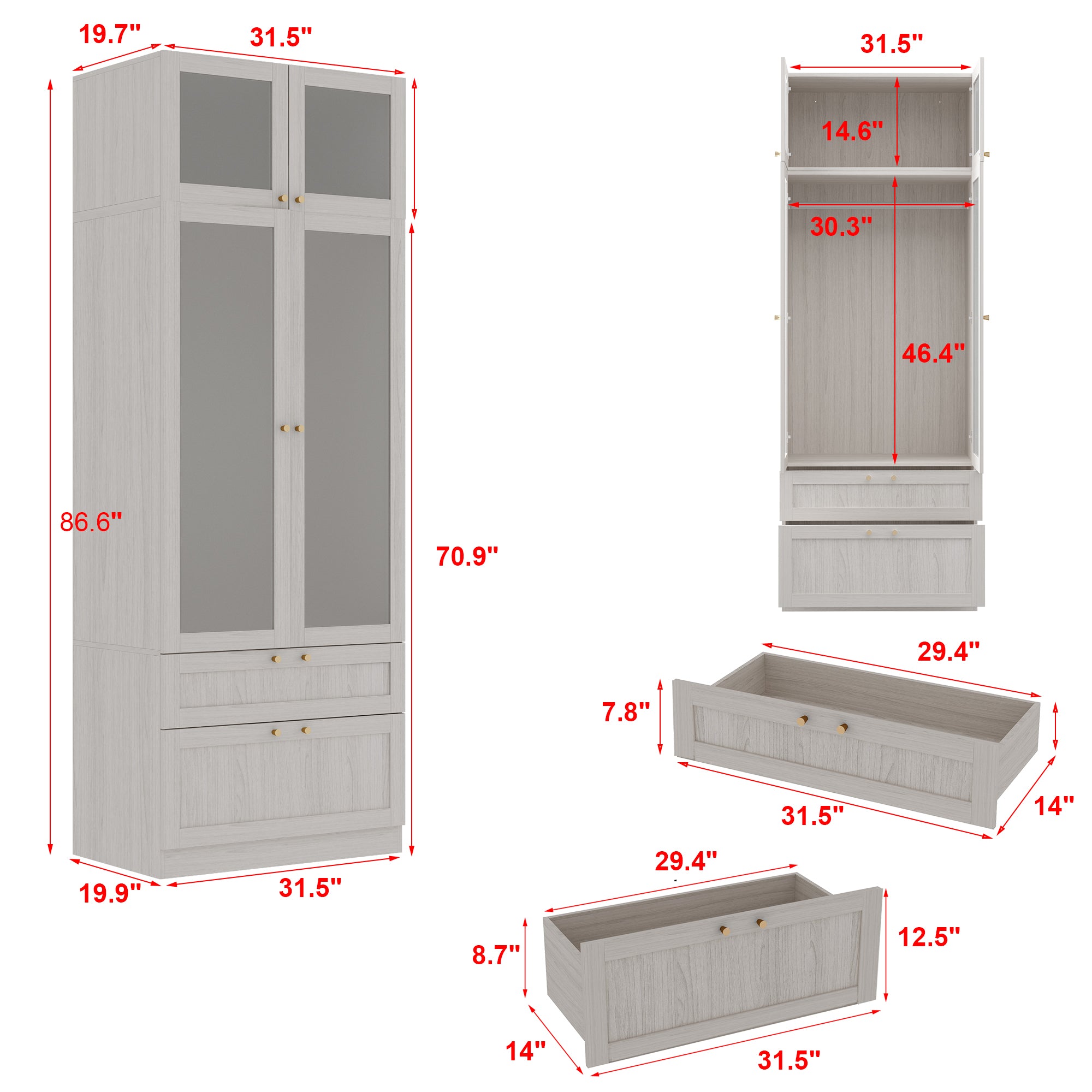 Modern White Wardrobe With Frosted Glass Doors, Two Drawers, And Hanging Rail – Spacious Storage Solution For Bedrooms