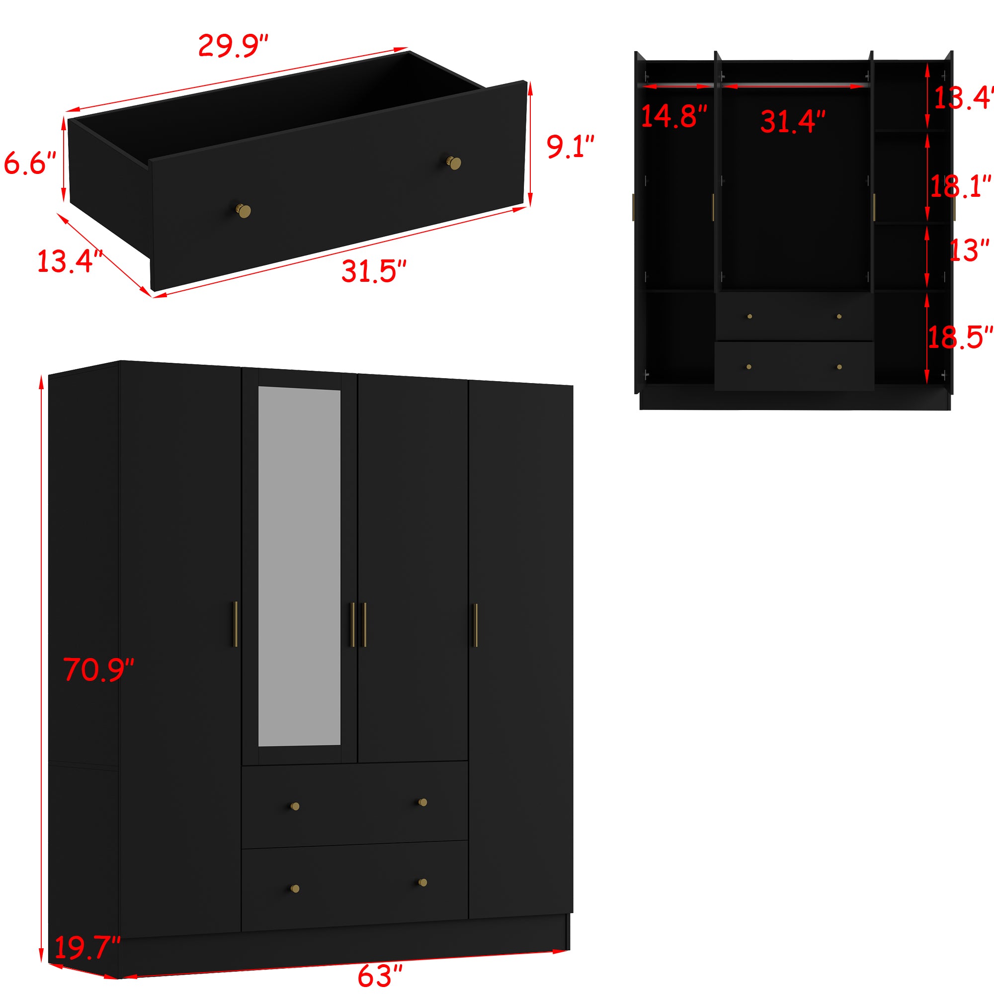 Wardrobe Multifunctional Large Storage Cabinet Armoire with Mirror