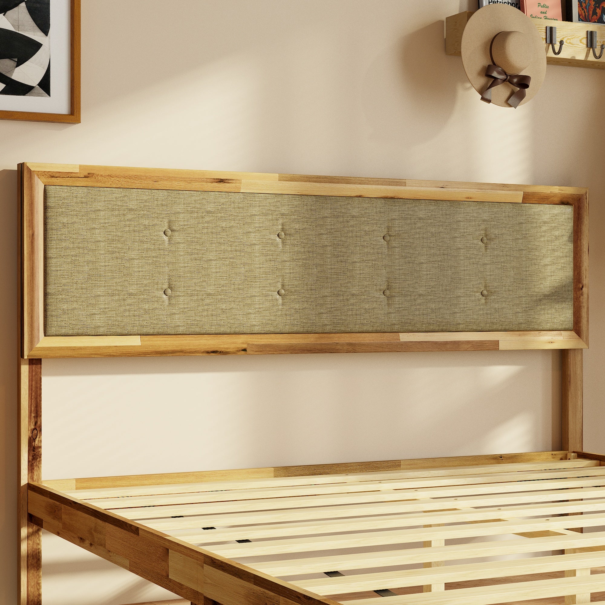 Rustic Solid Acacia Wood Platform Bed Frame With Upholstered Headboard, No Box Spring Needed
