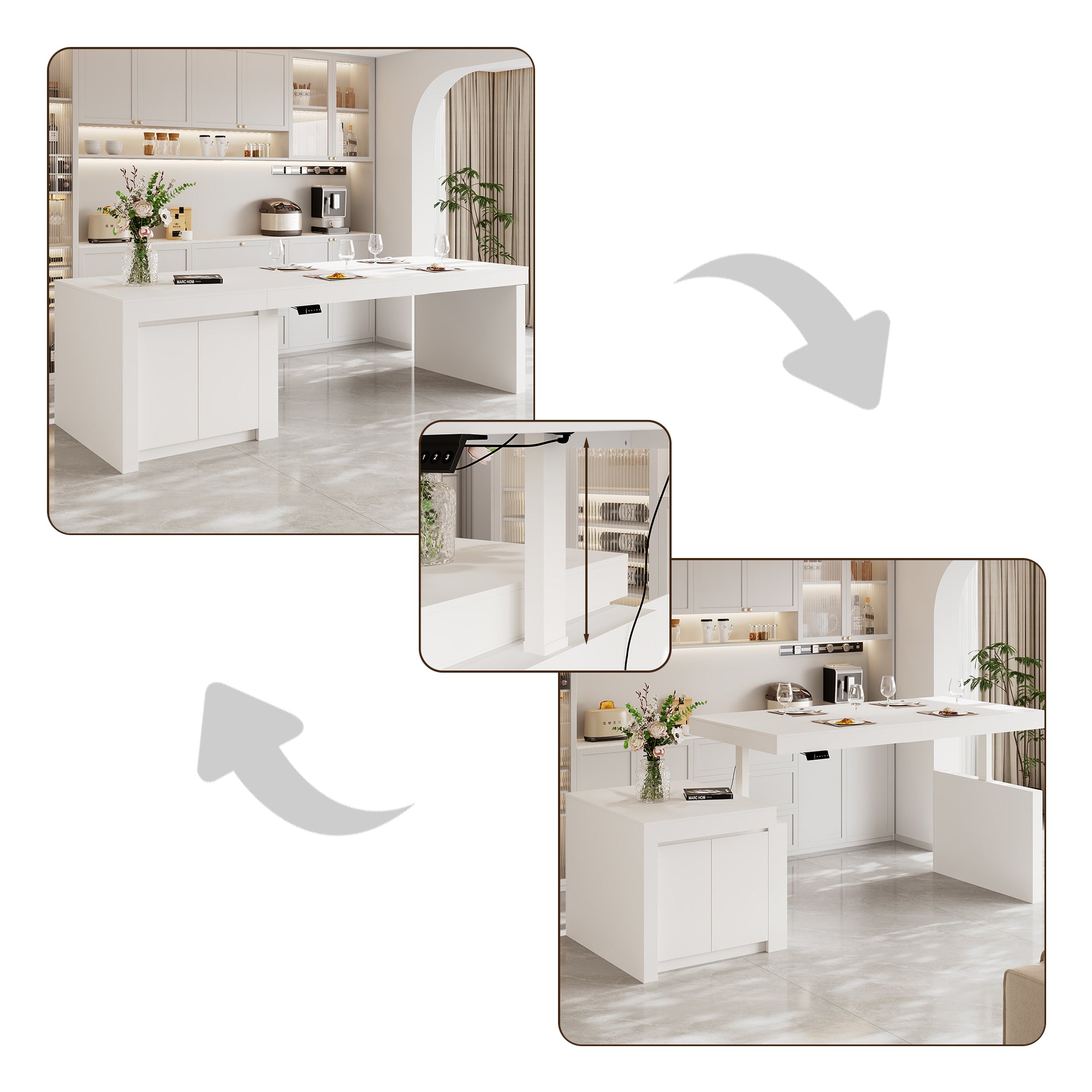Modern white kitchen island with height-adjustable top and storage cabinets