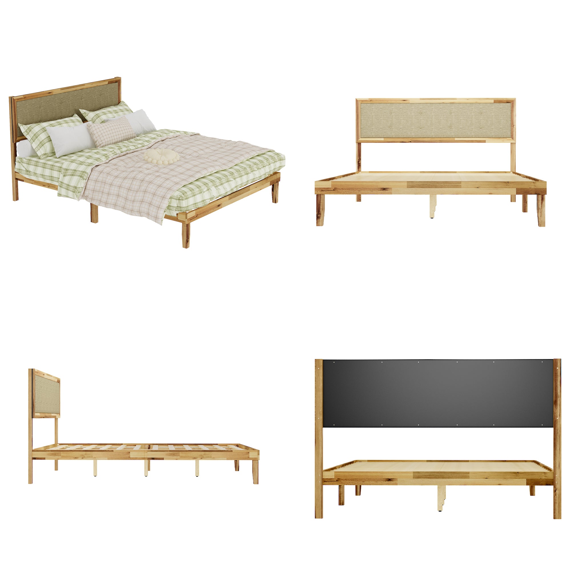 Rustic Solid Acacia Wood Platform Bed Frame With Upholstered Headboard, No Box Spring Needed