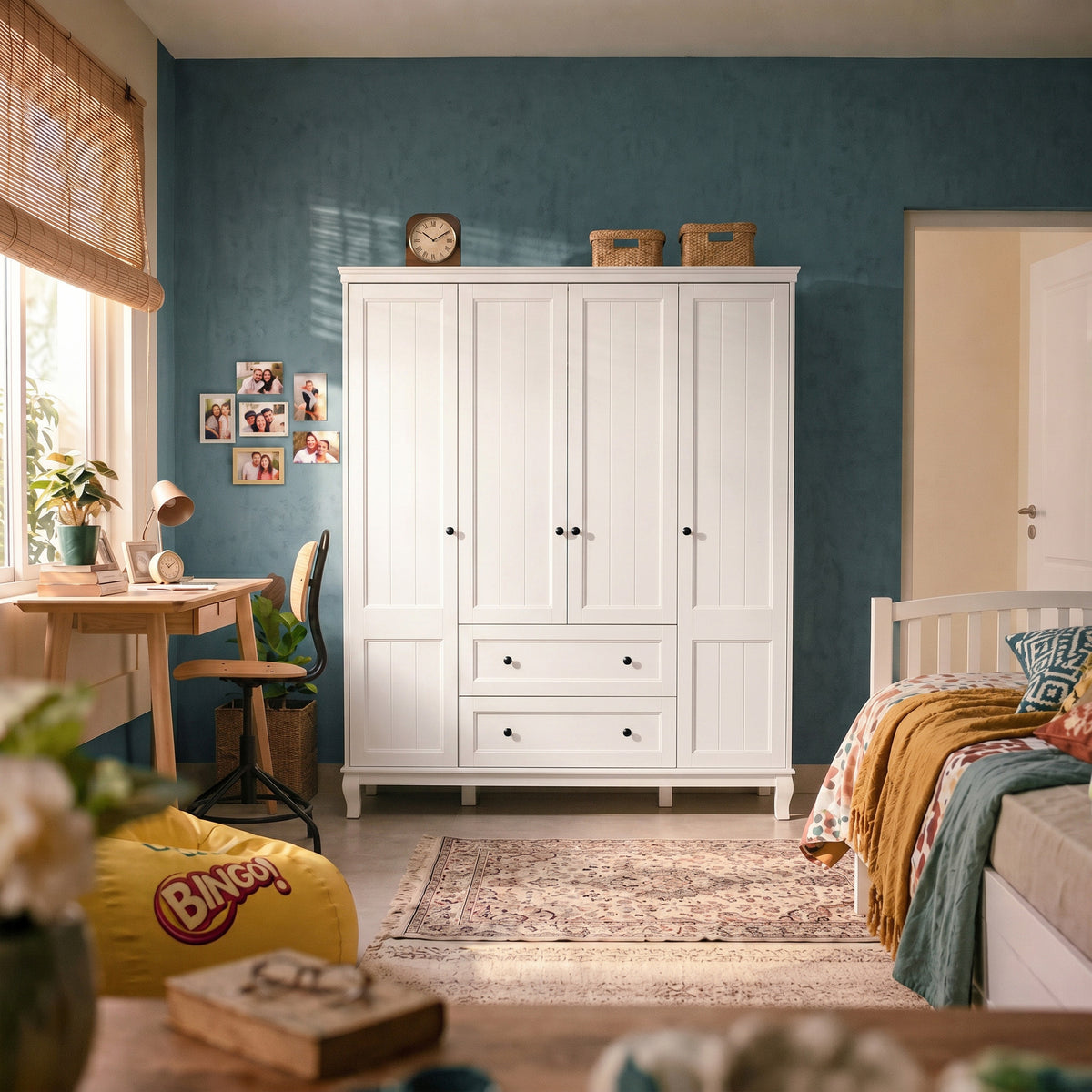 63 inches Modern Minimalist White Wardrobe Armoire with Storage Shelves and Drawers for Bedroom
