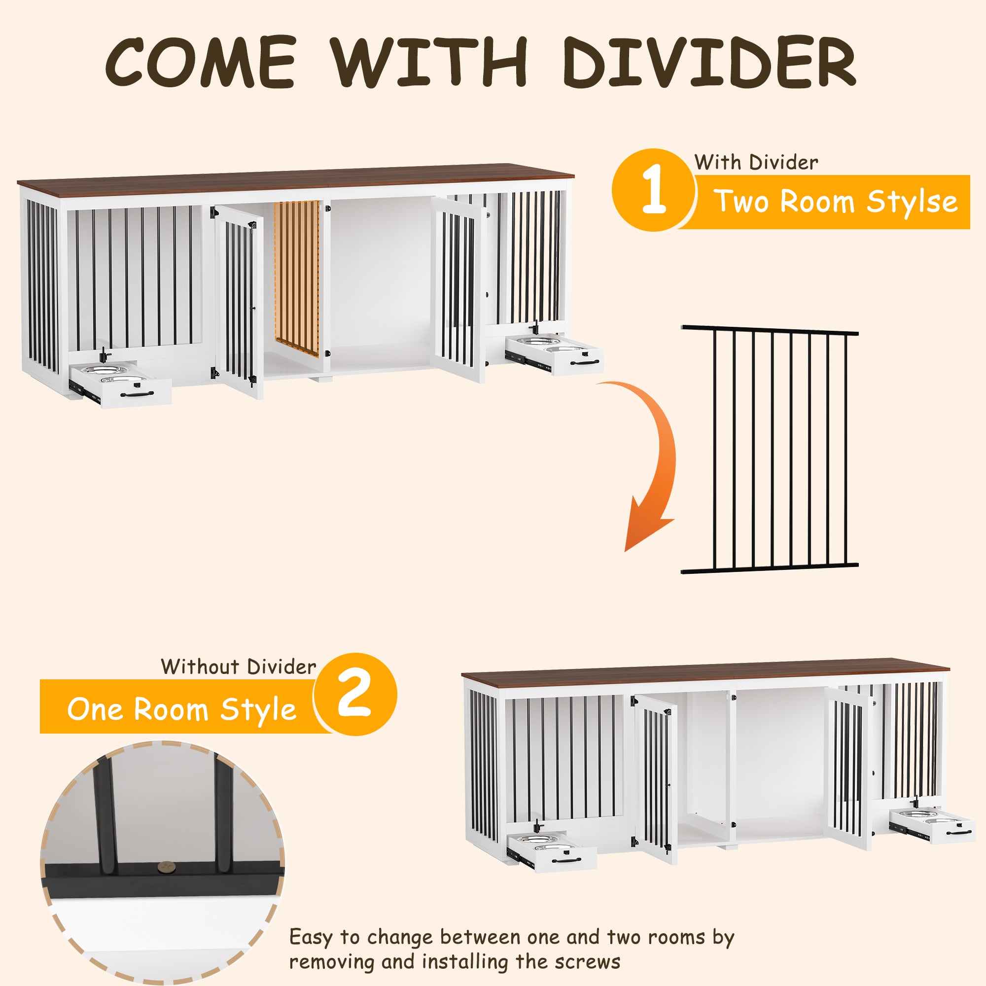 Large Dog Crate Furniture With Pull-Out Dog Bowls And Divider