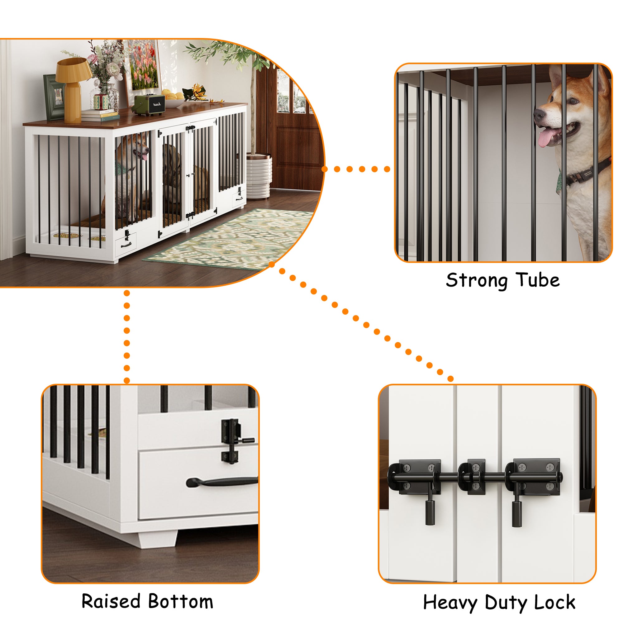 Large Dog Crate Furniture With Pull-Out Dog Bowls And Divider