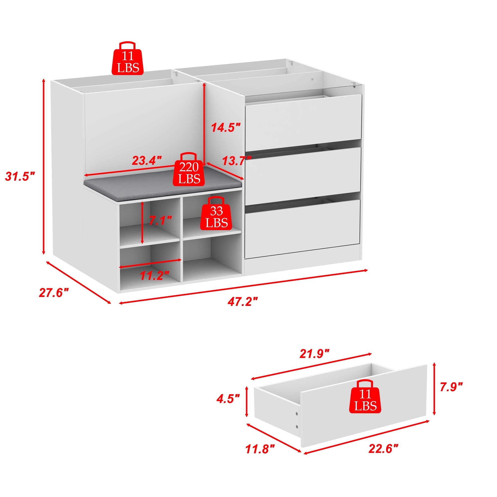 47.2 inches Modern White 4-Shelf Chest With Top And Comfortable Bench