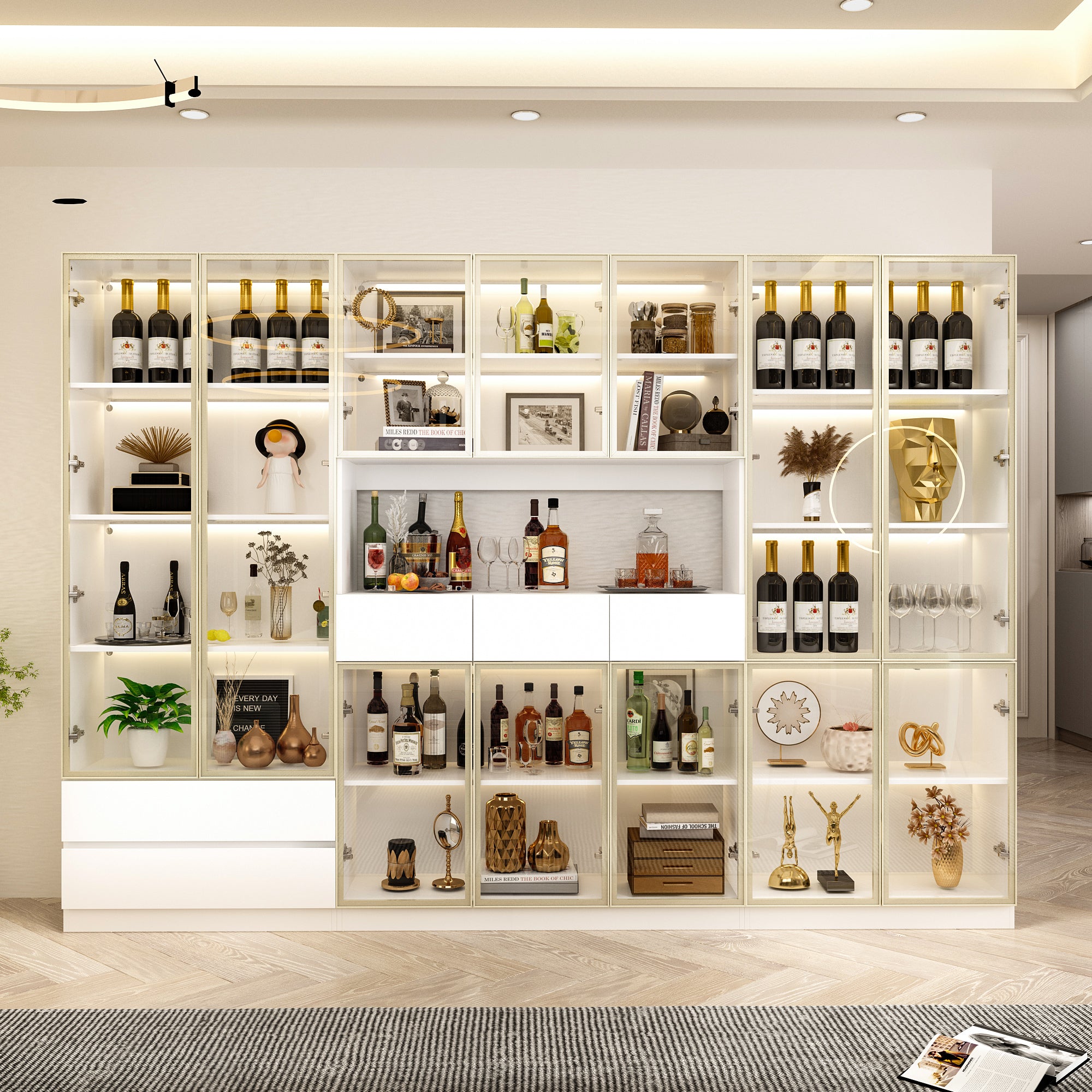 78.7'' H x 110 '' W Combination Bookcase Display Cabinet With Glass Doors & LED Lights