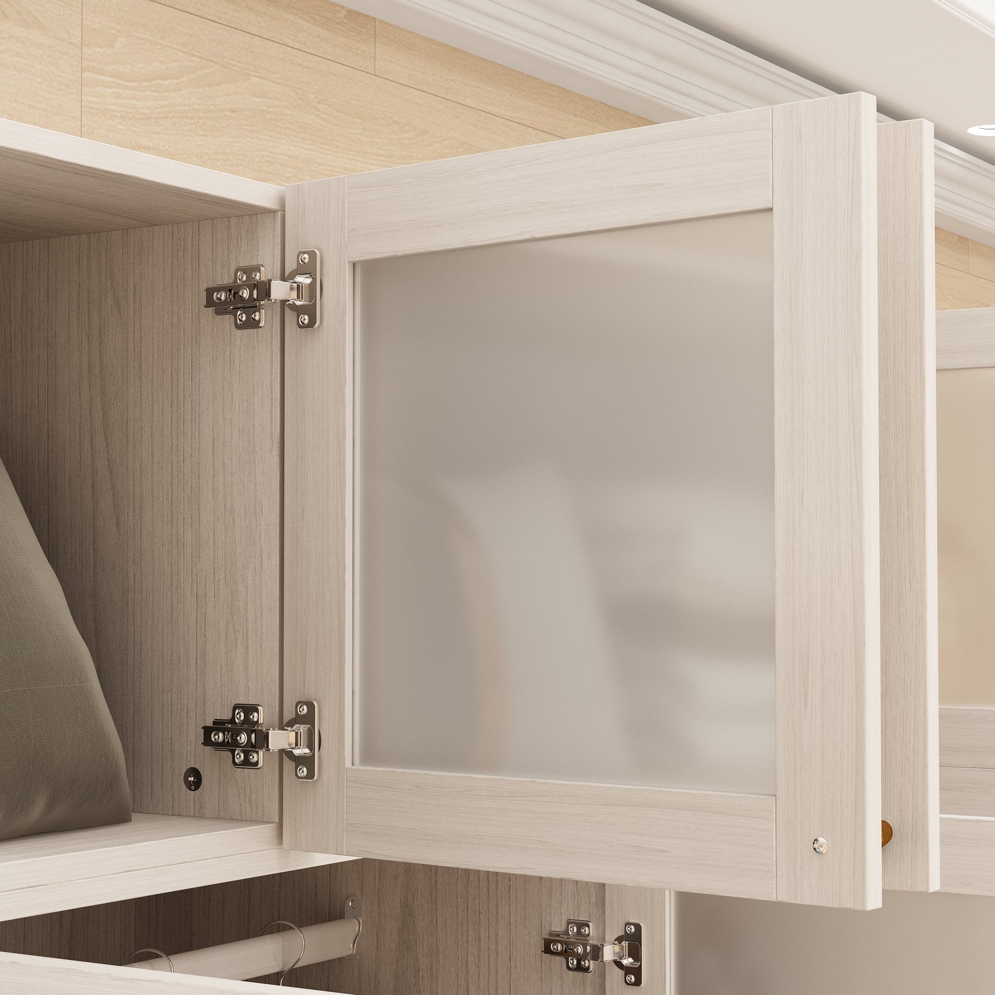 Modern Scandinavian Wardrobe With Frosted Glass Doors And Brass Accents – Spacious Storage Solution With Adjustable Shelves And Drawers