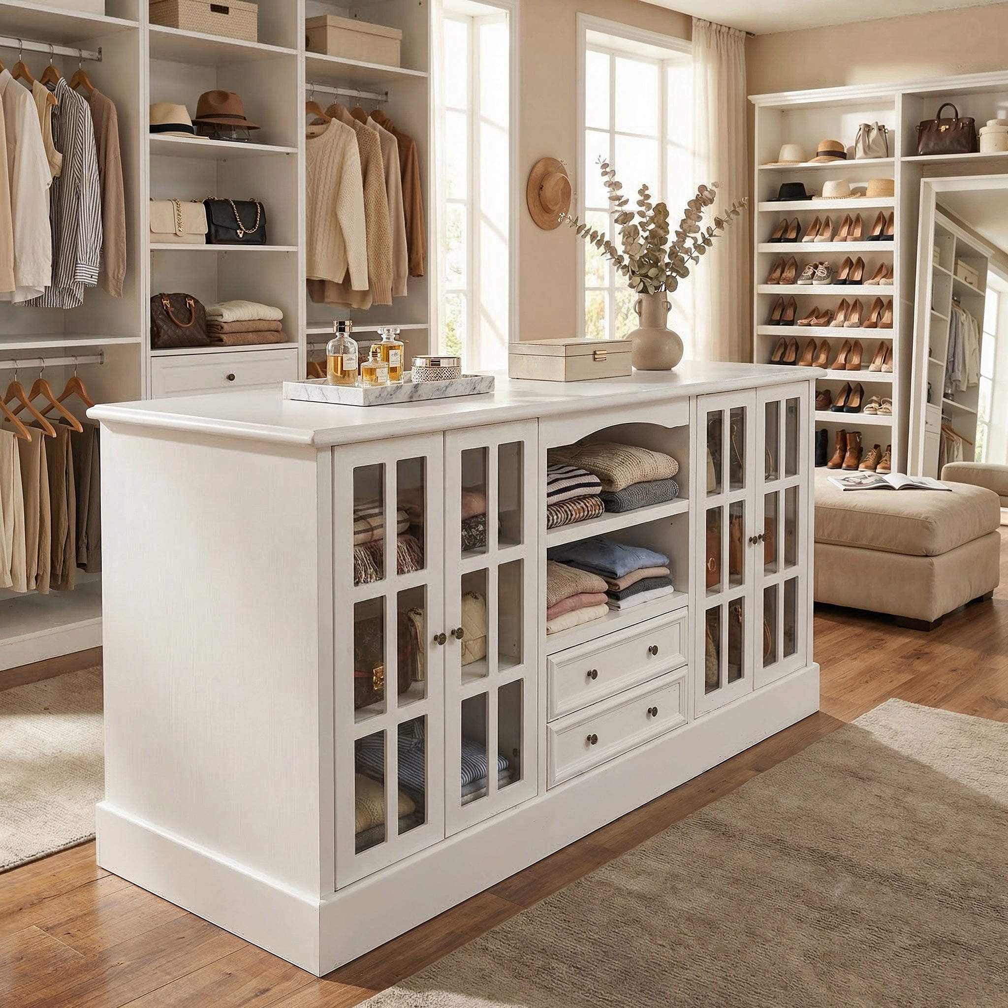 White kitchen island with glass cabinet doors, open shelves, and center drawers
