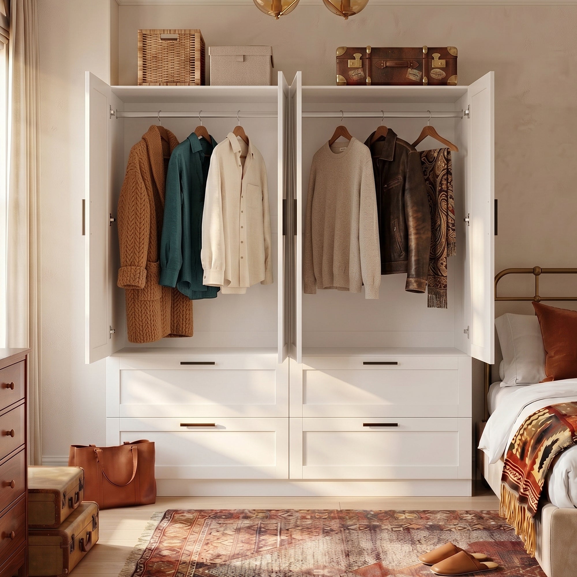 59.8" Modern Farmhouse White 4-Door Wardrobe with Geometric Slat Doors, 4 Drawers and Black Handles
