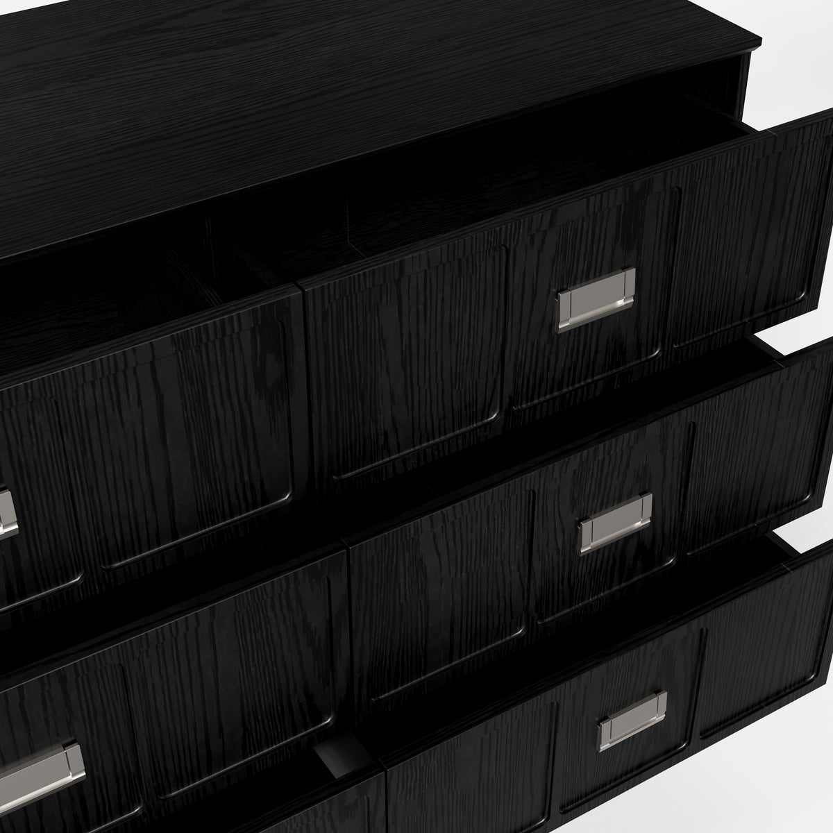 Modern black dresser with silver handles and metal legs