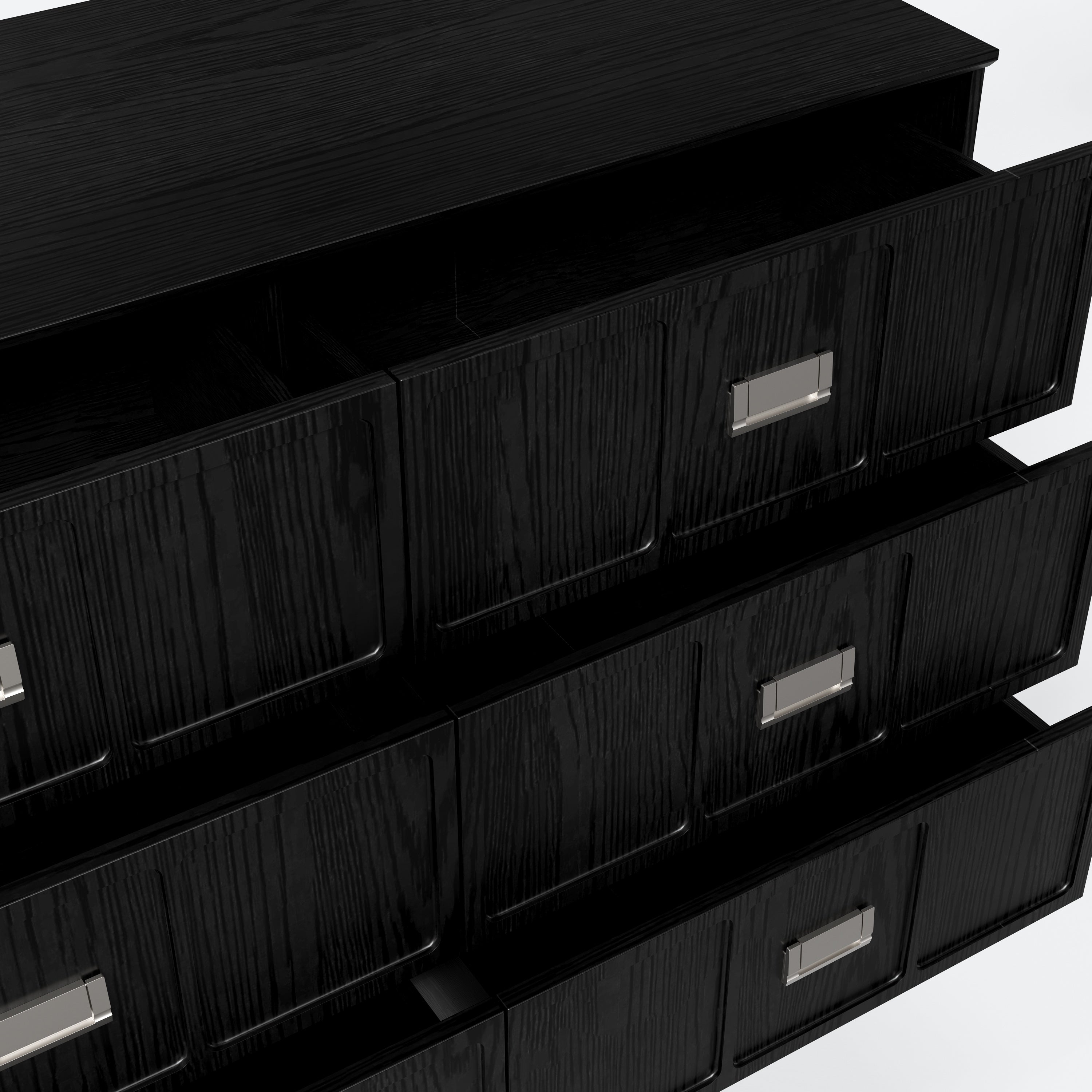 Modern black dresser with silver handles and metal legs