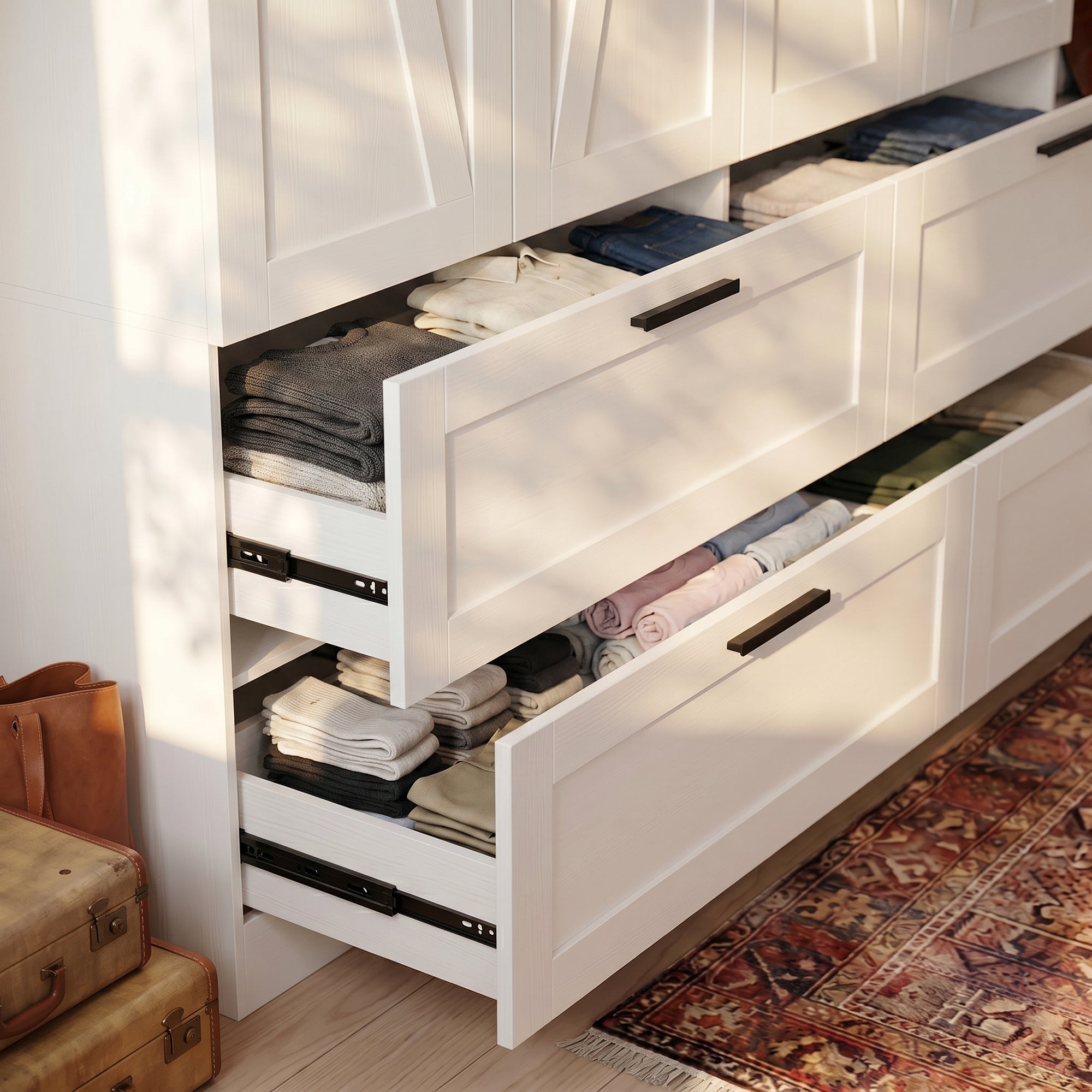 59.8" Modern Farmhouse White 4-Door Wardrobe with Geometric Slat Doors, 4 Drawers and Black Handles