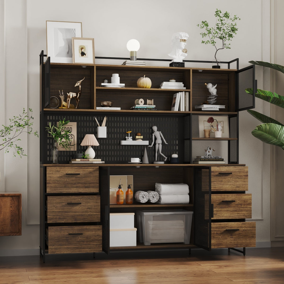 70.9 inches Industrial Brown Pantry Cabinets With Adjustable Shelves, Drawers