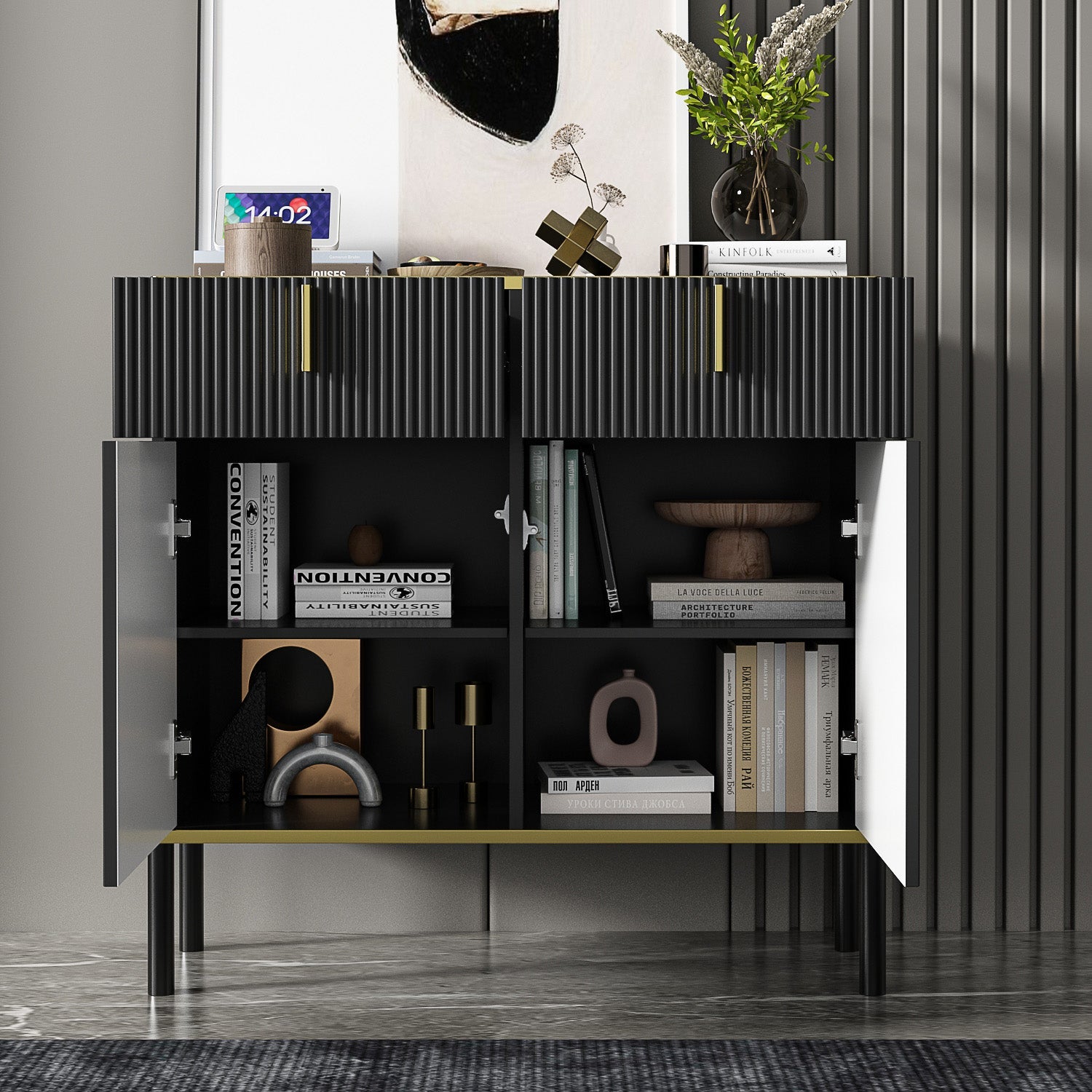 Wide Sideboard Buffet Storage Cabinet in Black with Drawer & Pop-up Doors