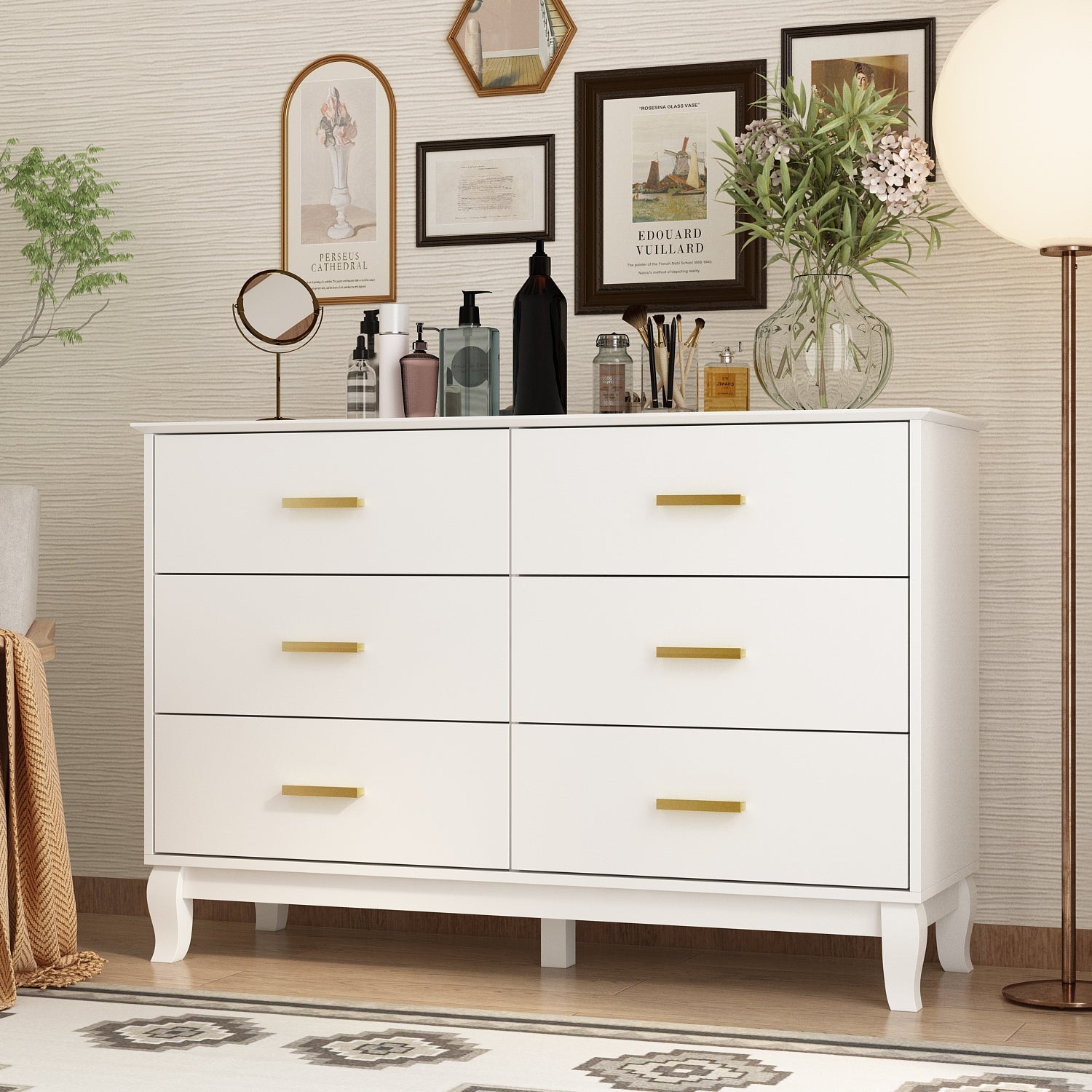 Modern White Finish Double Dresser 6-Drawer Cabinet for Hallway Entryway Living Room