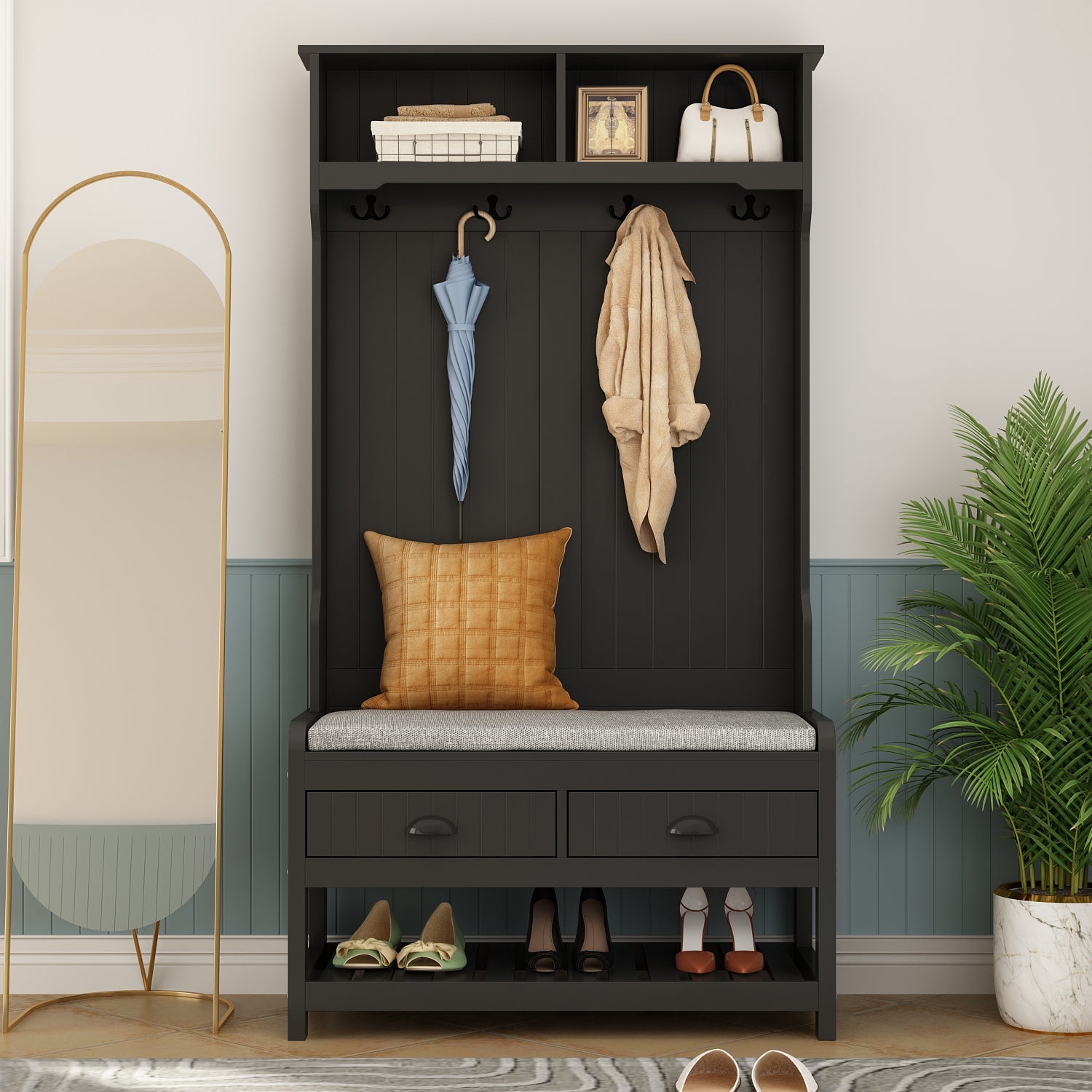 Modern Hall Tree with Storage Bench, 4-in-1 Entryway Bench with Coat Rack, Tall Hall Tree with 4 Metal Double Hooks, Shelves & 2 Drawers for Hallway, Living Room