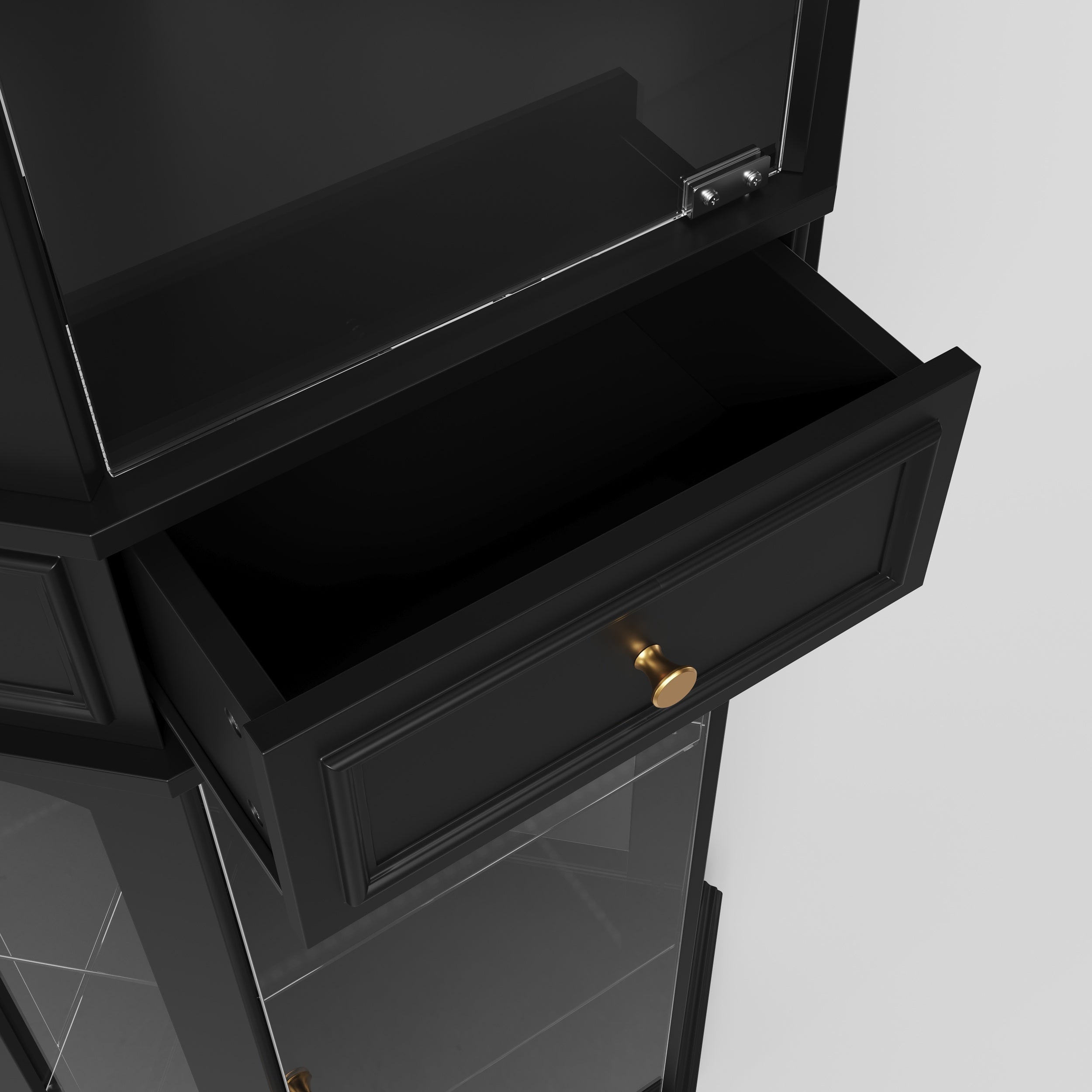 Black tall display cabinet with glass doors and center drawer