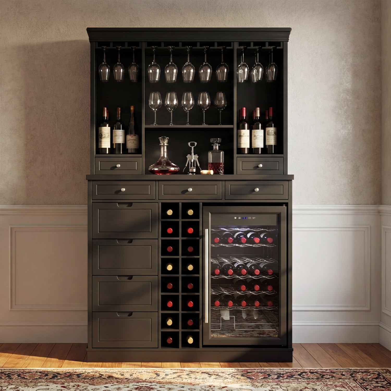 Wine cabinet with wine bottles, glasses, and decanter against a beige wall.