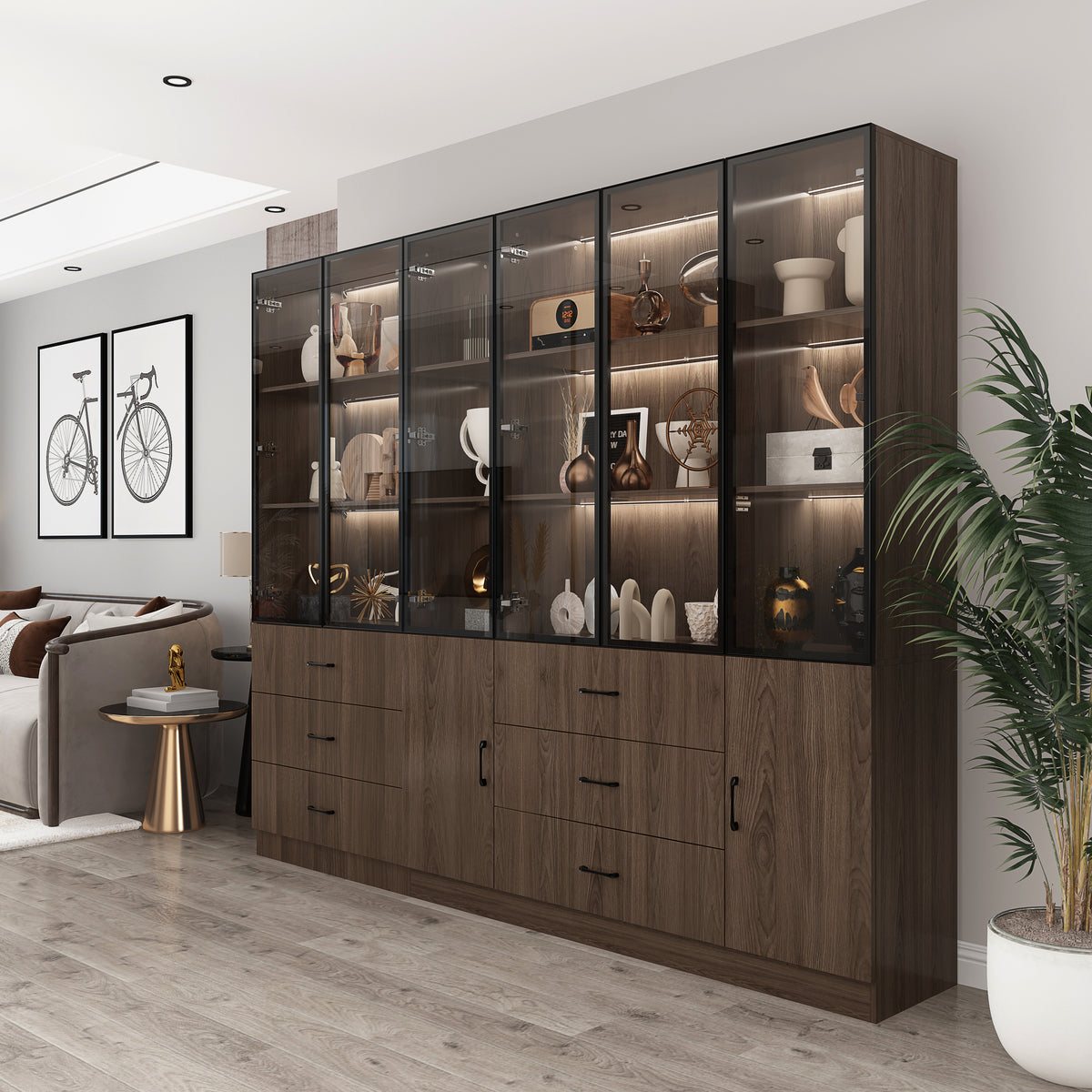 94.4 inch Modern Brown Extra Wide Display Case with LED Lights & 6 Glass Doors