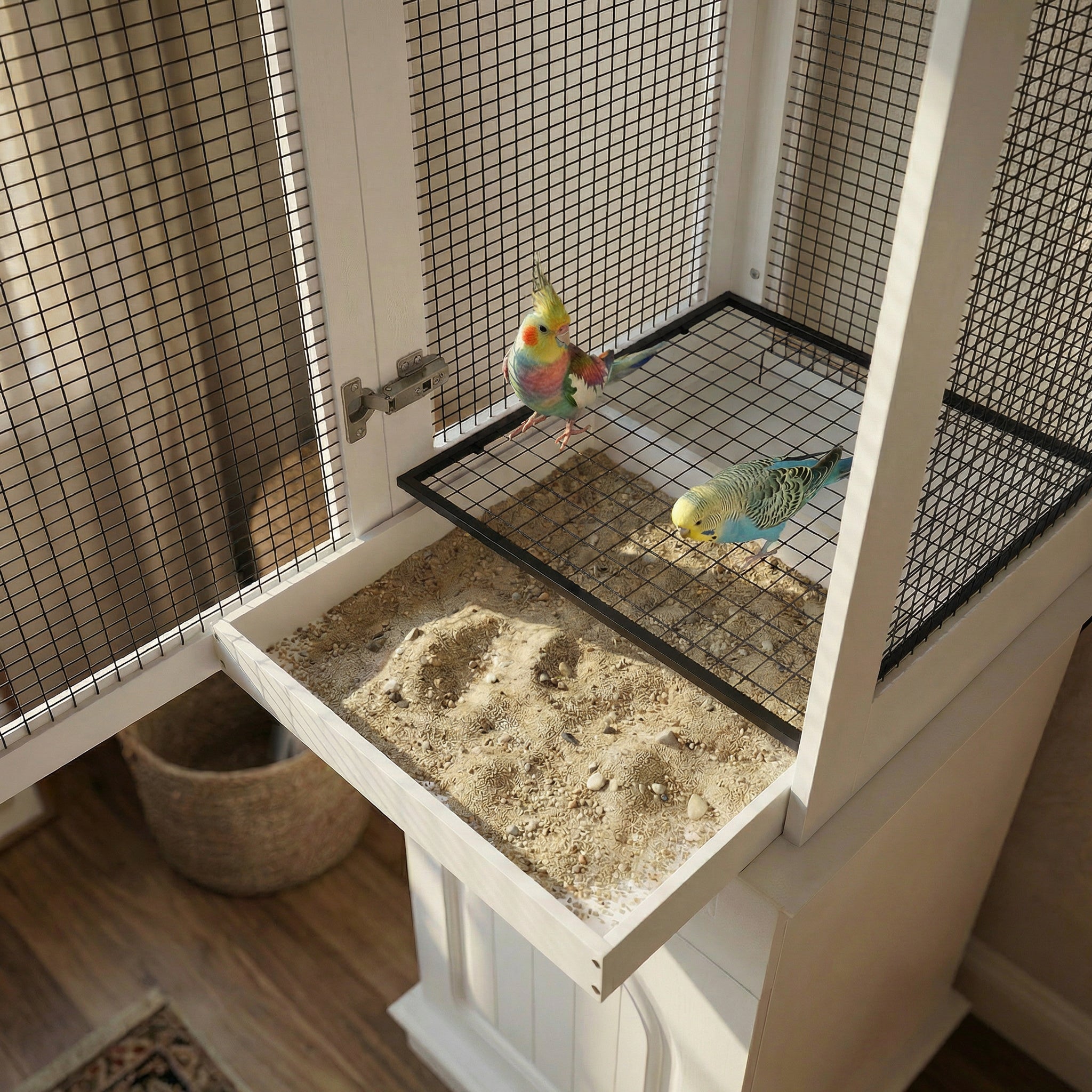 Two colorful parakeets in a birdcage with a wooden base.