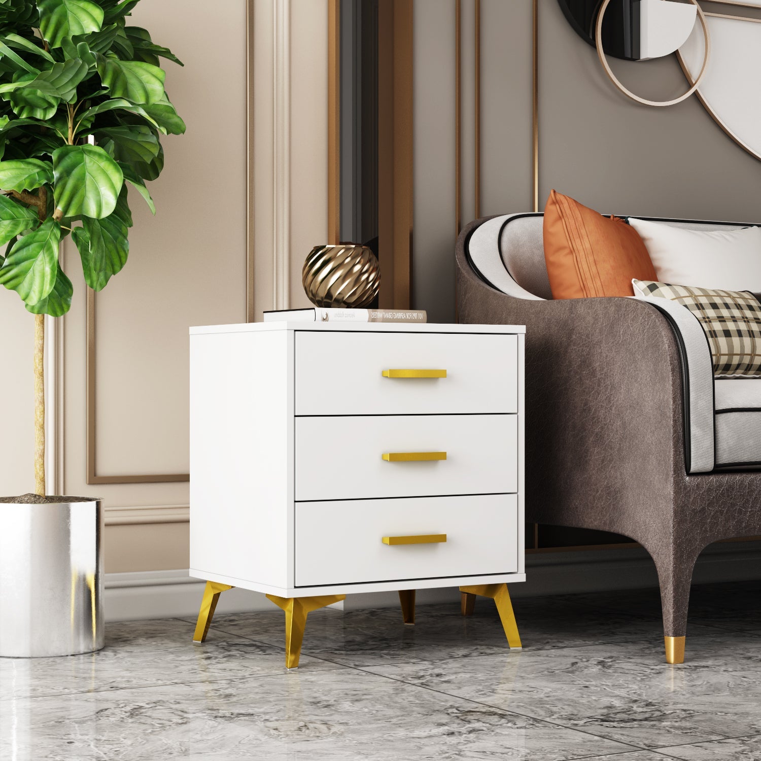 Bedside Nightstand White Finish Cabinet for Bedroom Storage