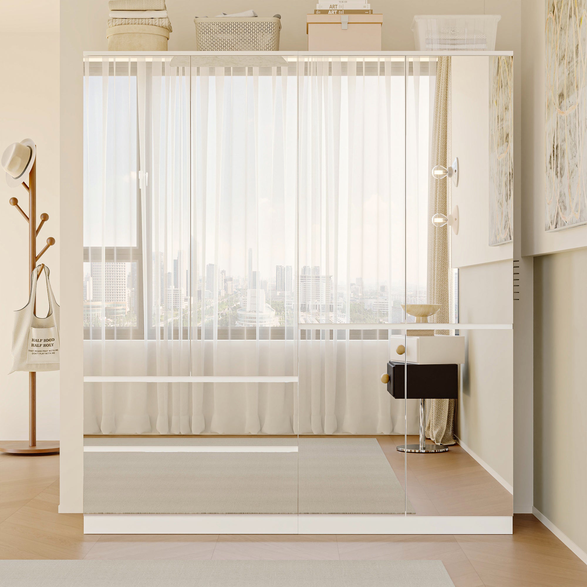 Elegant Full-Length Mirrored Wardrobe With Dual Compartments And Multiple Drawers