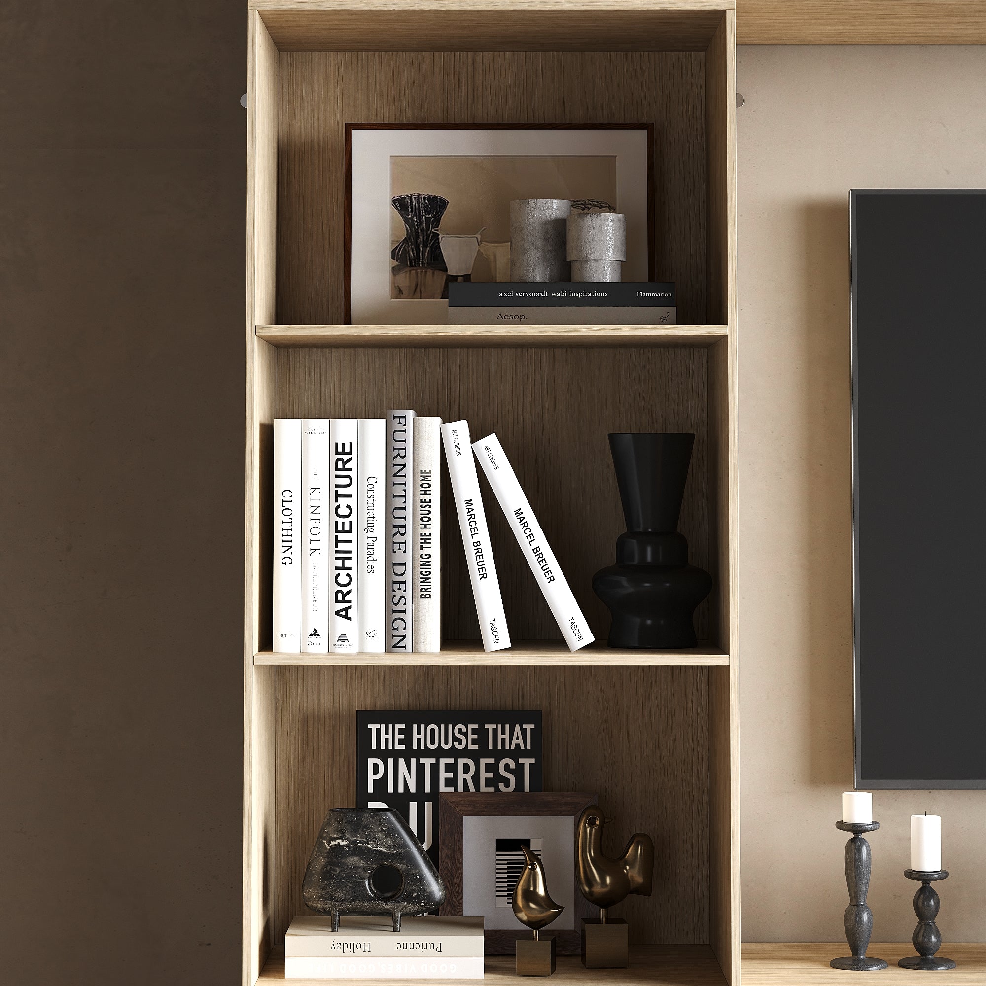 Modern 3-Piece Entertainment Center With Overhead Cabinets And 69" TV Stand, Natural Wood And Black Finish