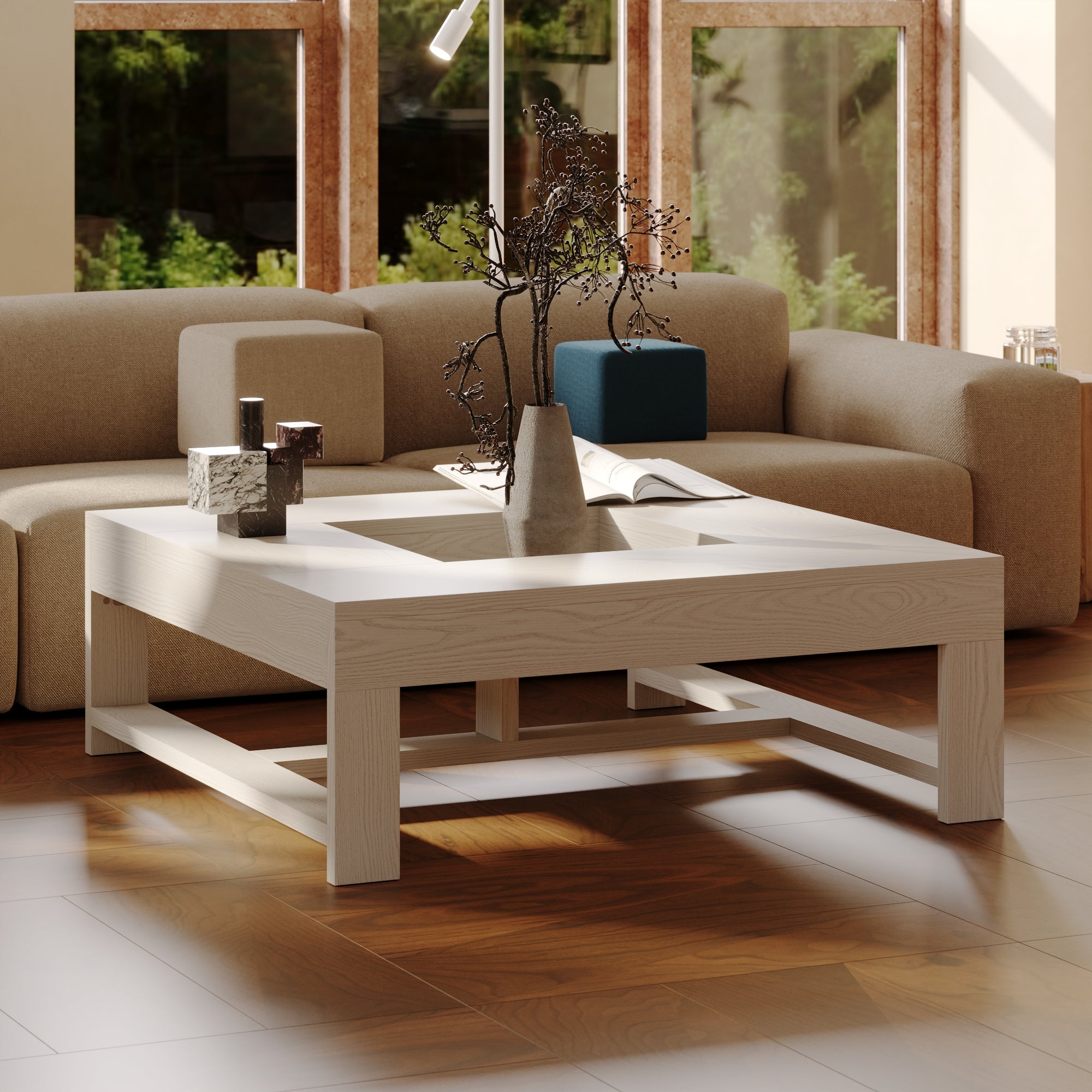 43.3'' Square Coffee Table With Groove Design-Sleek Design Meets Practical Functionality