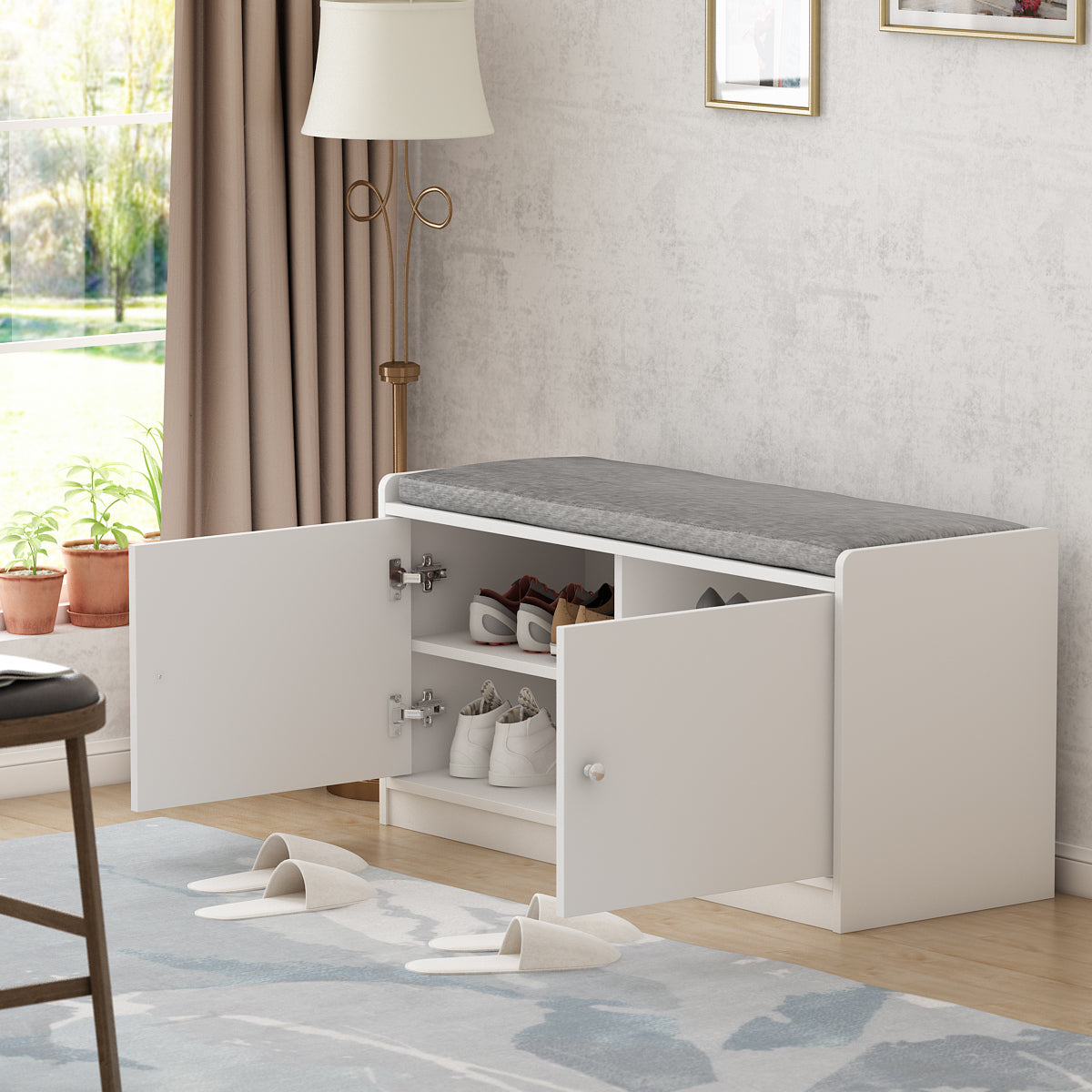 Shoe Storage Bench Shoe Rack Storage Shelf with Cushion 2-Door for Entryway