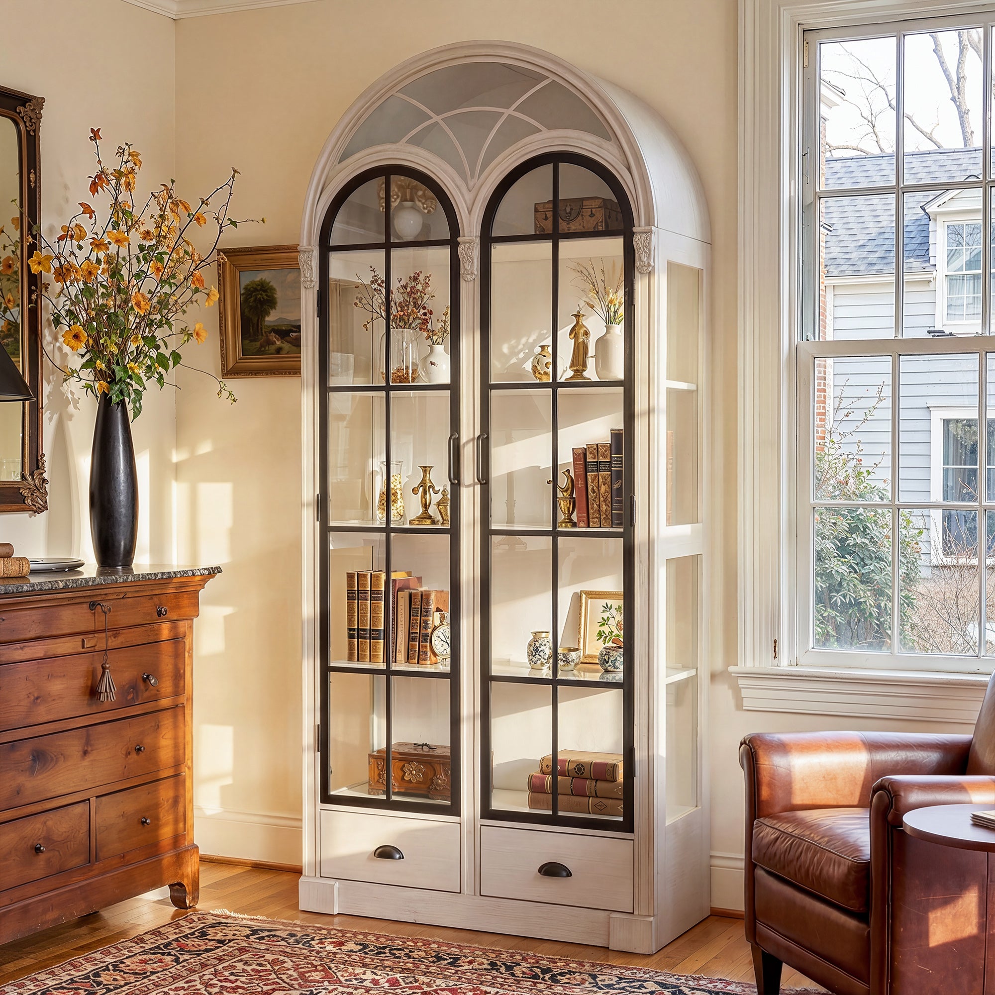 Arched display cabinet with glass doors and drawers