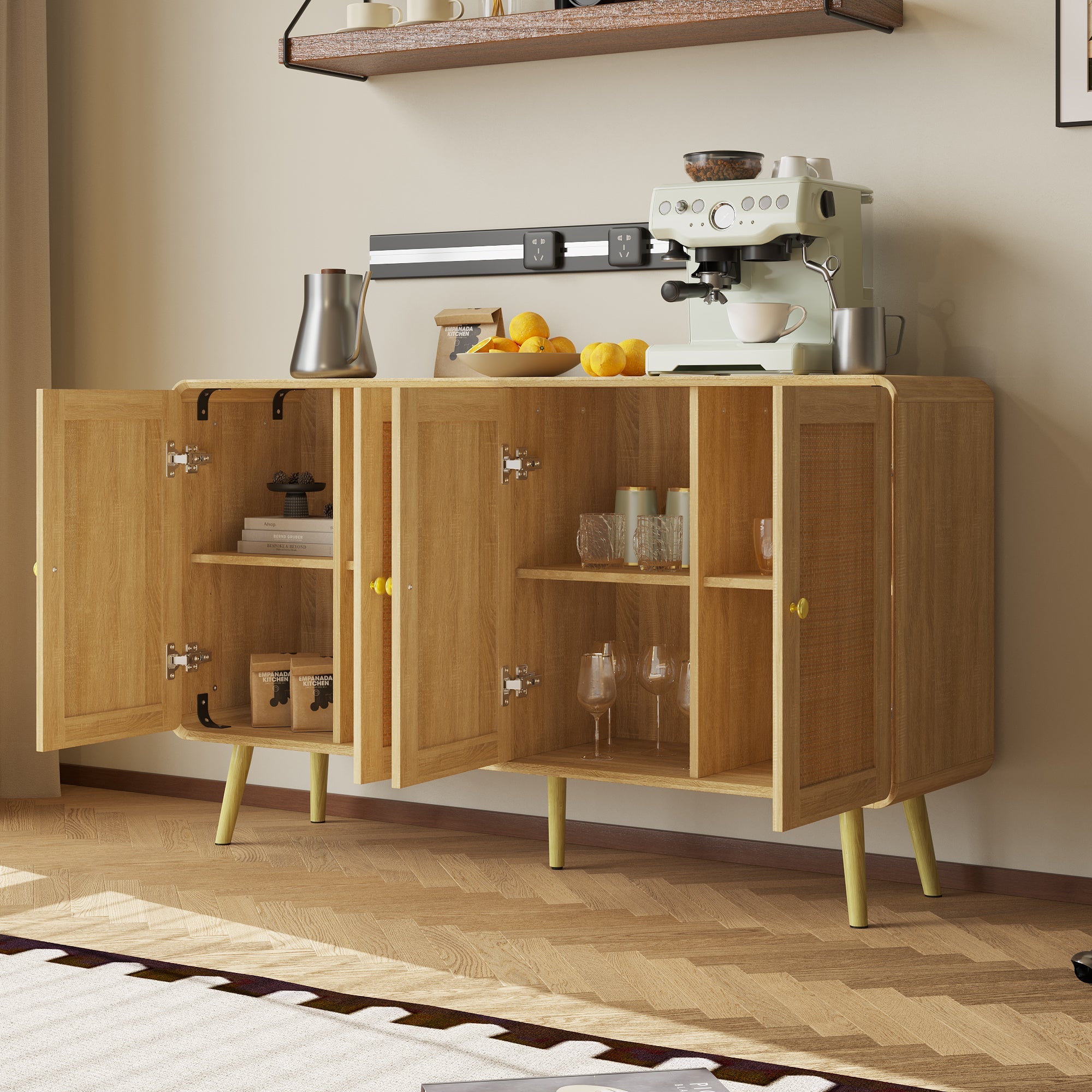 Mid-Century Modern Sideboard With Rattan Doors And Adjustable Shelves