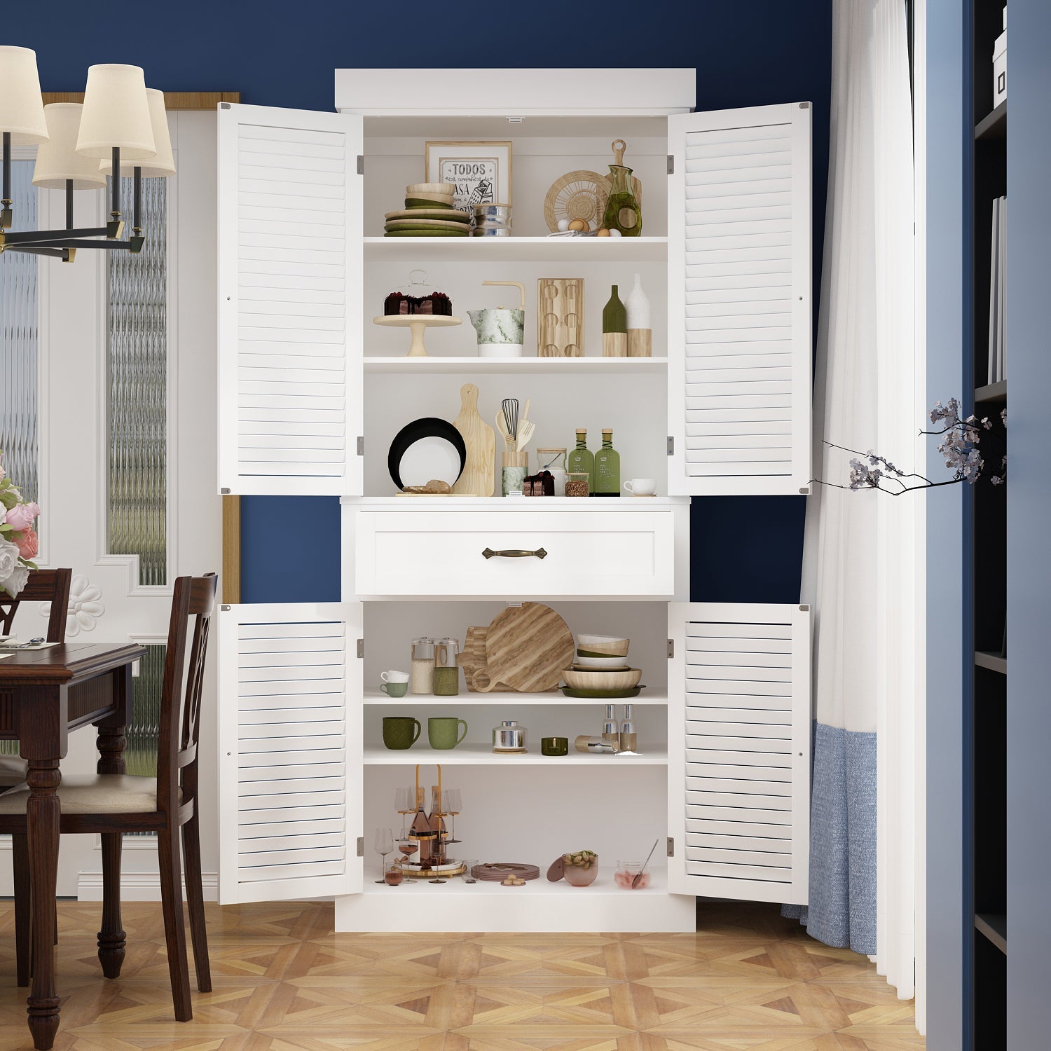 Tall Storage Cabinet With 6-Tier Adjustable Shelf & Drawers