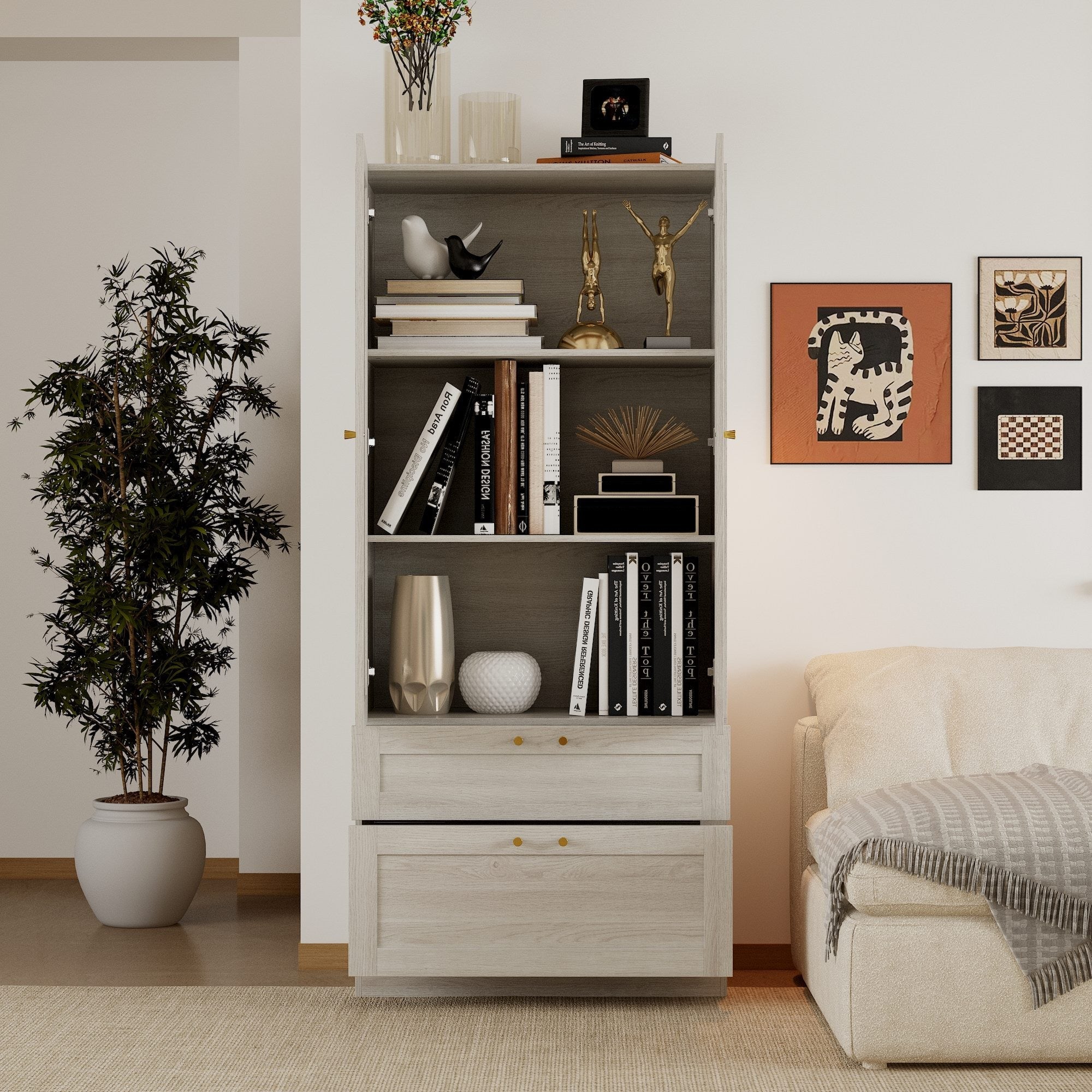 Elegant Glass Display Cabinet With Gold Handles And Storage Drawers