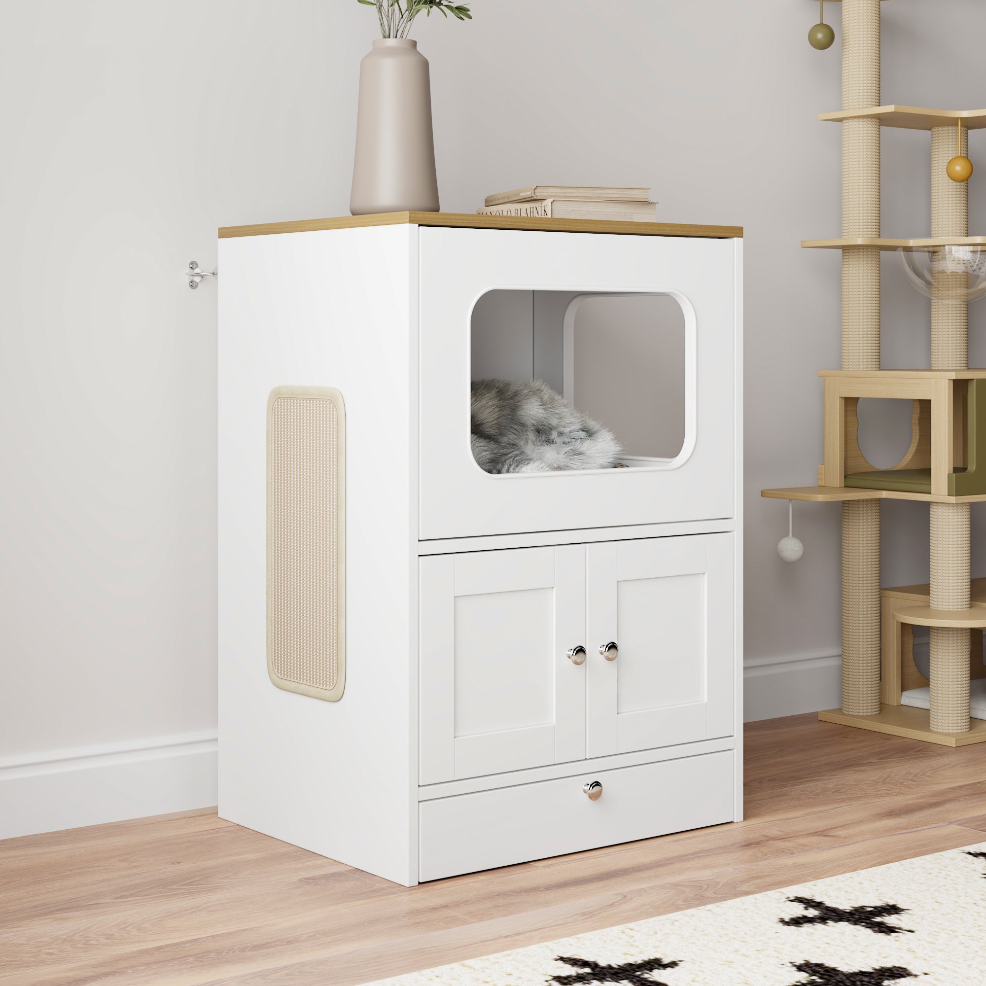 21.7 inches Modern White Multi-Functional Cat Condo Cabinet with Feeding Station and Storage