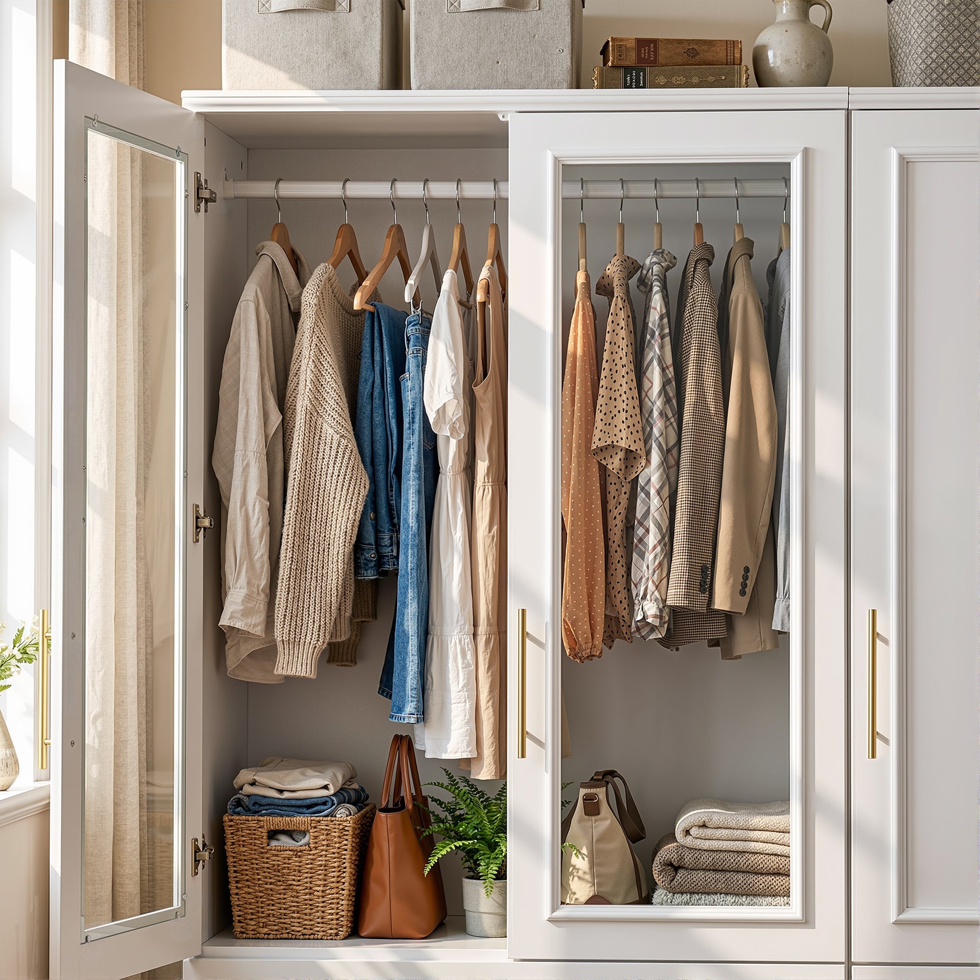 47.6 inch Modern White Armoire with Glass Doors and 3 Drawers