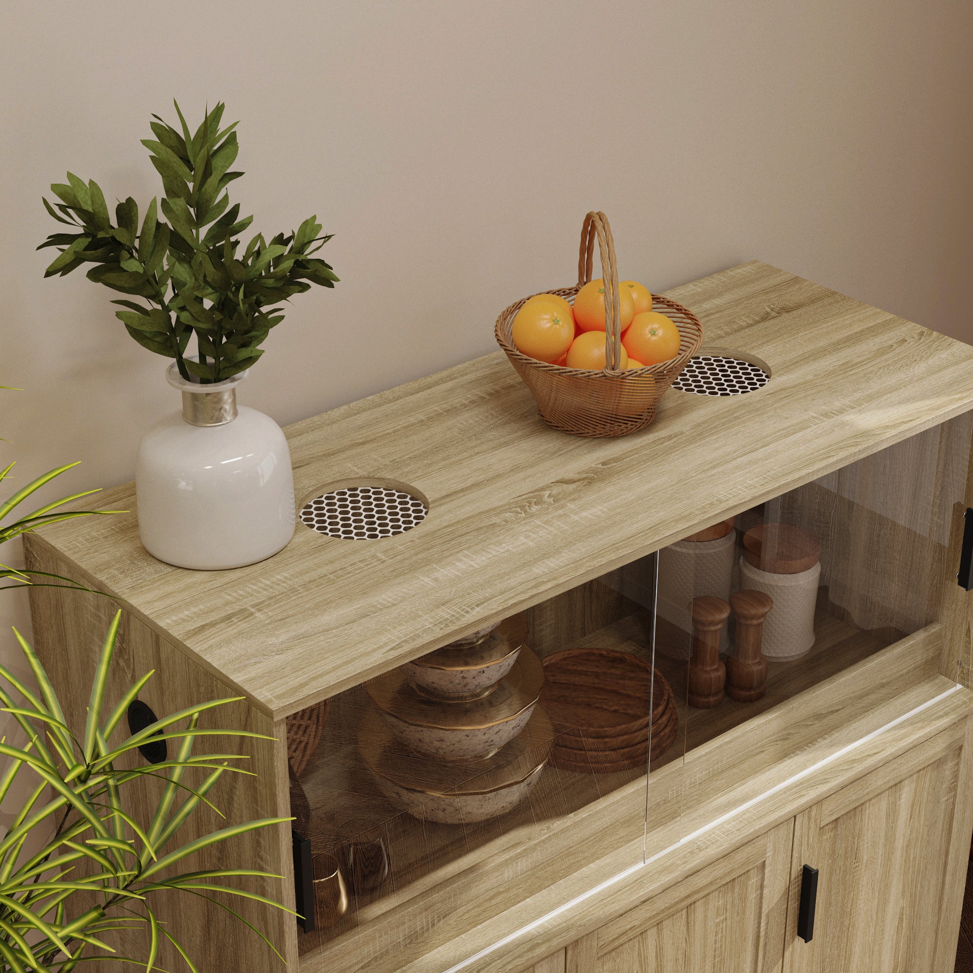 47.2 inch Modern Natural Wood Food Pantry Cabinet with Sliding Glass Doors & Ventilated Design