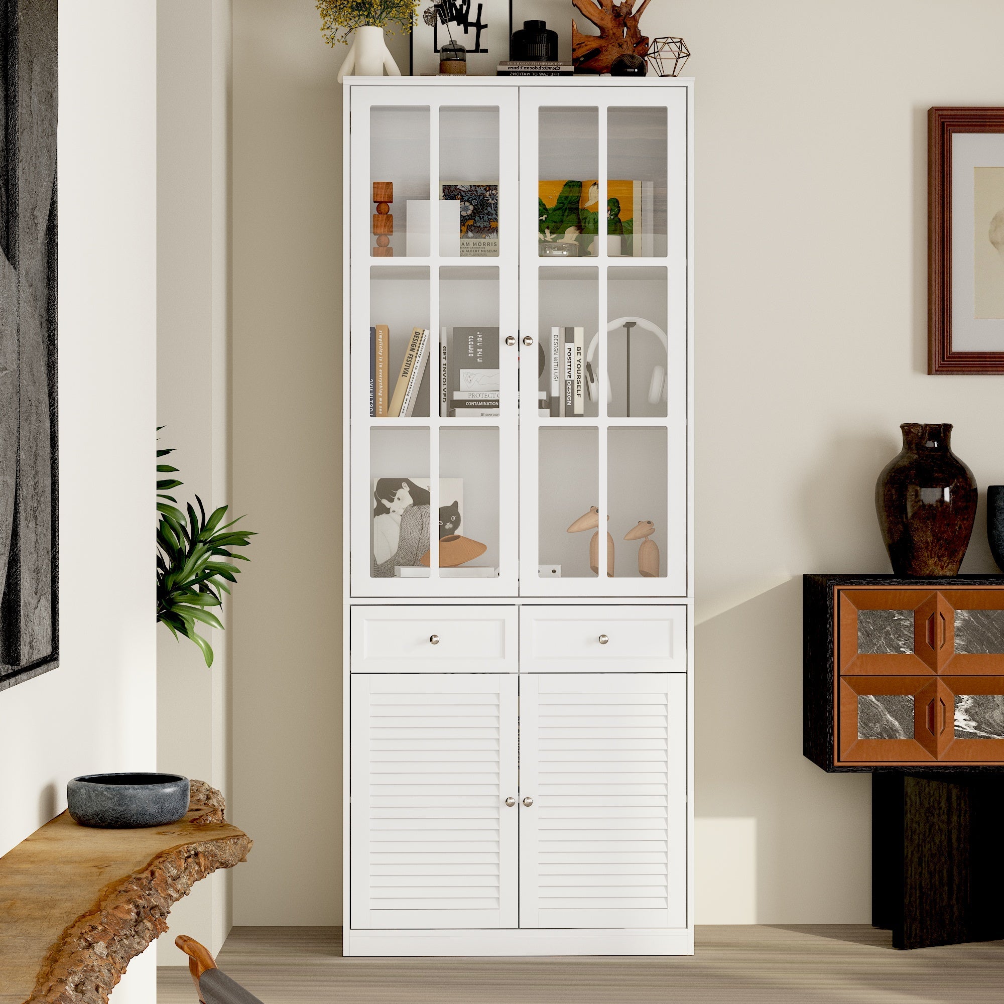 78.7'' H x 31.5'' W Bookcase With Glass Doors And Drawers