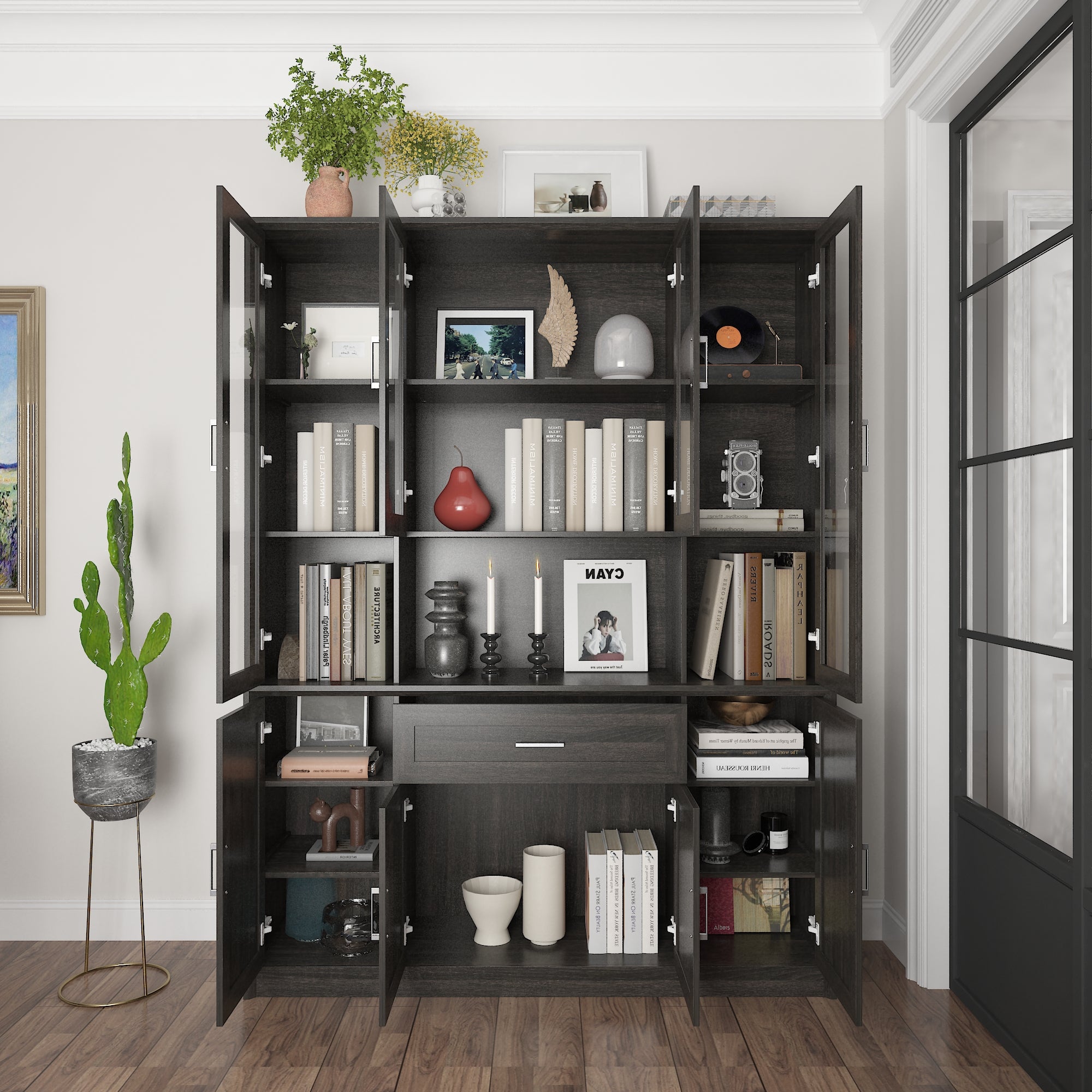 80'' H X 60.6'' W 6-Tier Bookcase With Glass Doors & Drawer