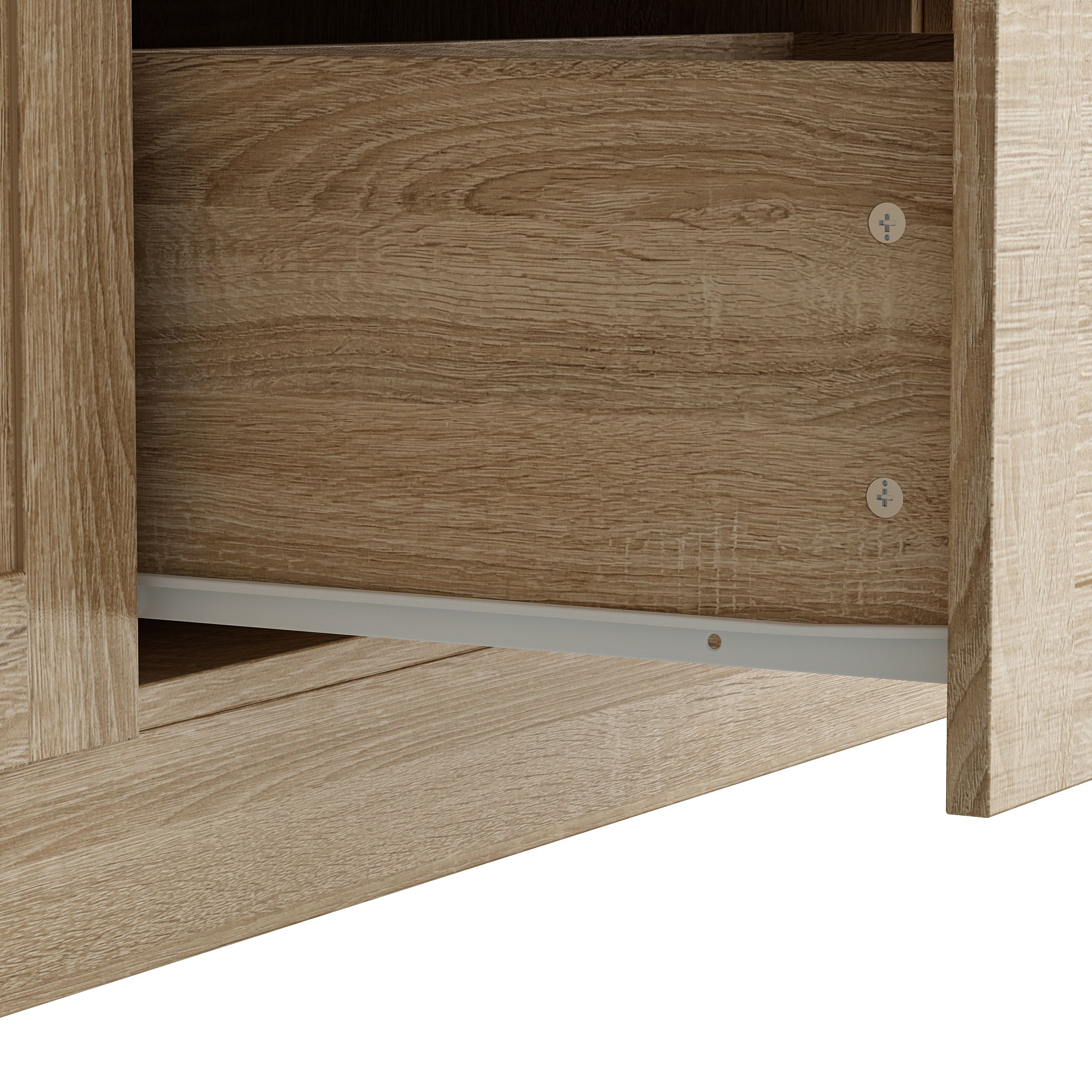 70.8 Inches Oak Grain Engineered Wood Tall Food Pantry Cabinet with Upper Solid Doors, Middle Glass Display Doors & Multi-Drawer Storage Base