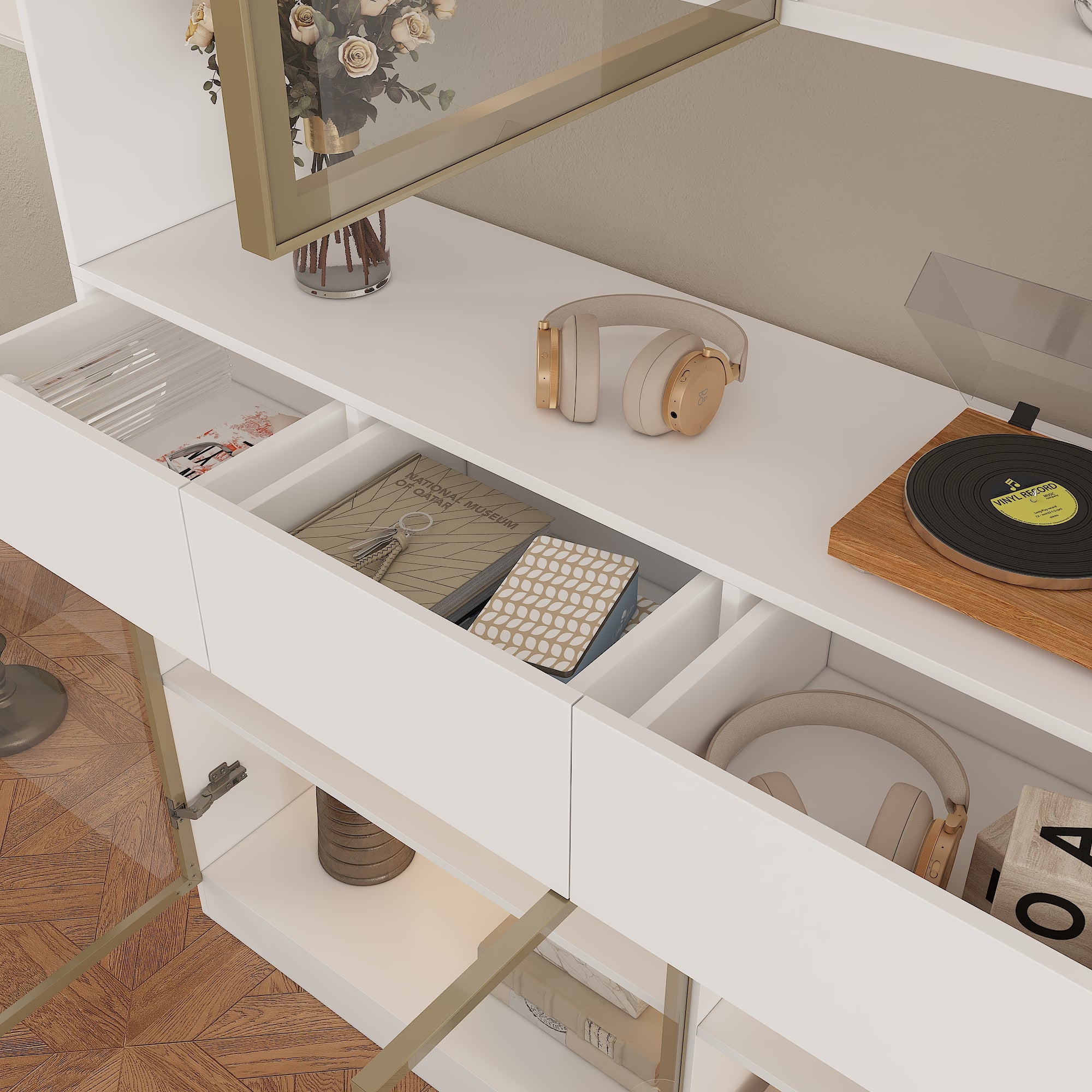 Three Drawers Bathroom Linen Cabinet With Tempered Glass Doors And Light