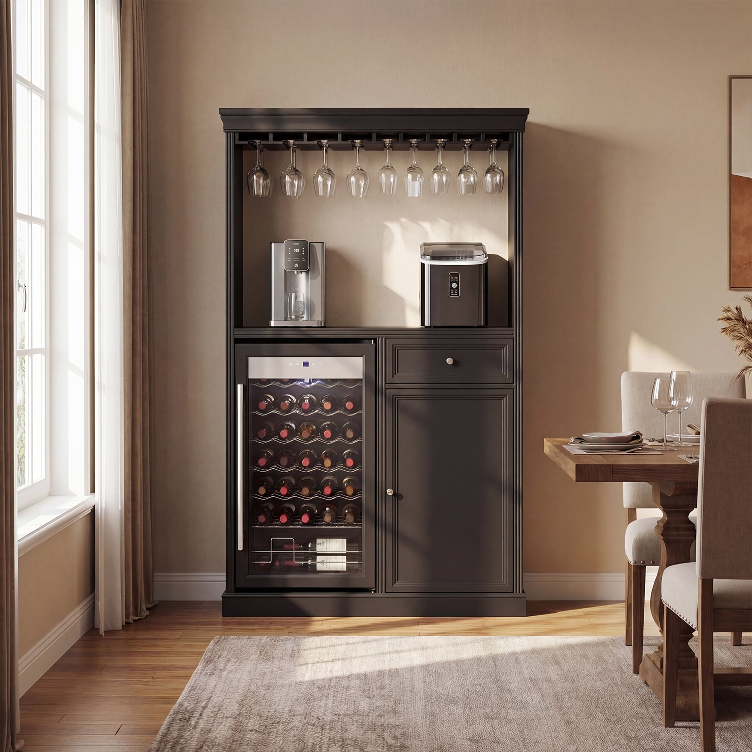 Dark wooden bar cabinet with wine cooler, coffee maker, and ice maker in a home setting.