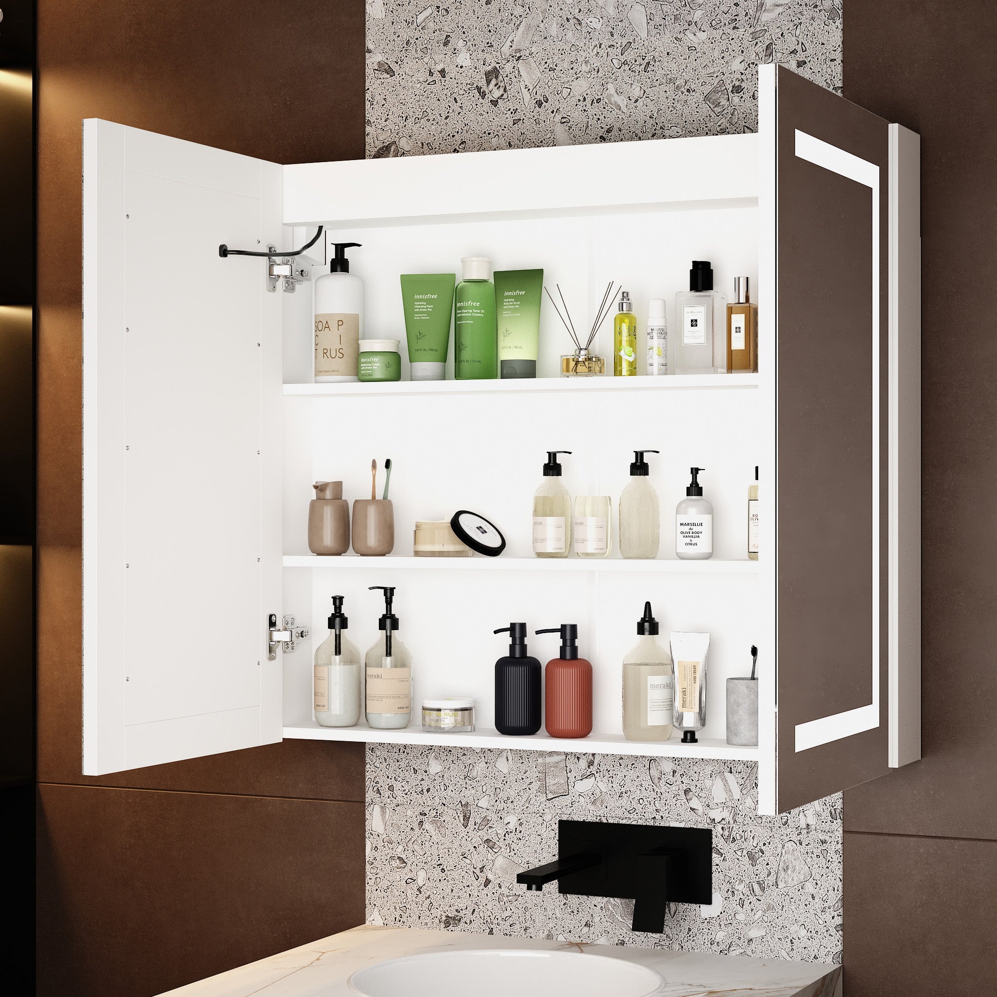 35.4'' W 31.5'' H Surface Frameless Medicine Cabinet with Mirror and 3 Fixed Shelves