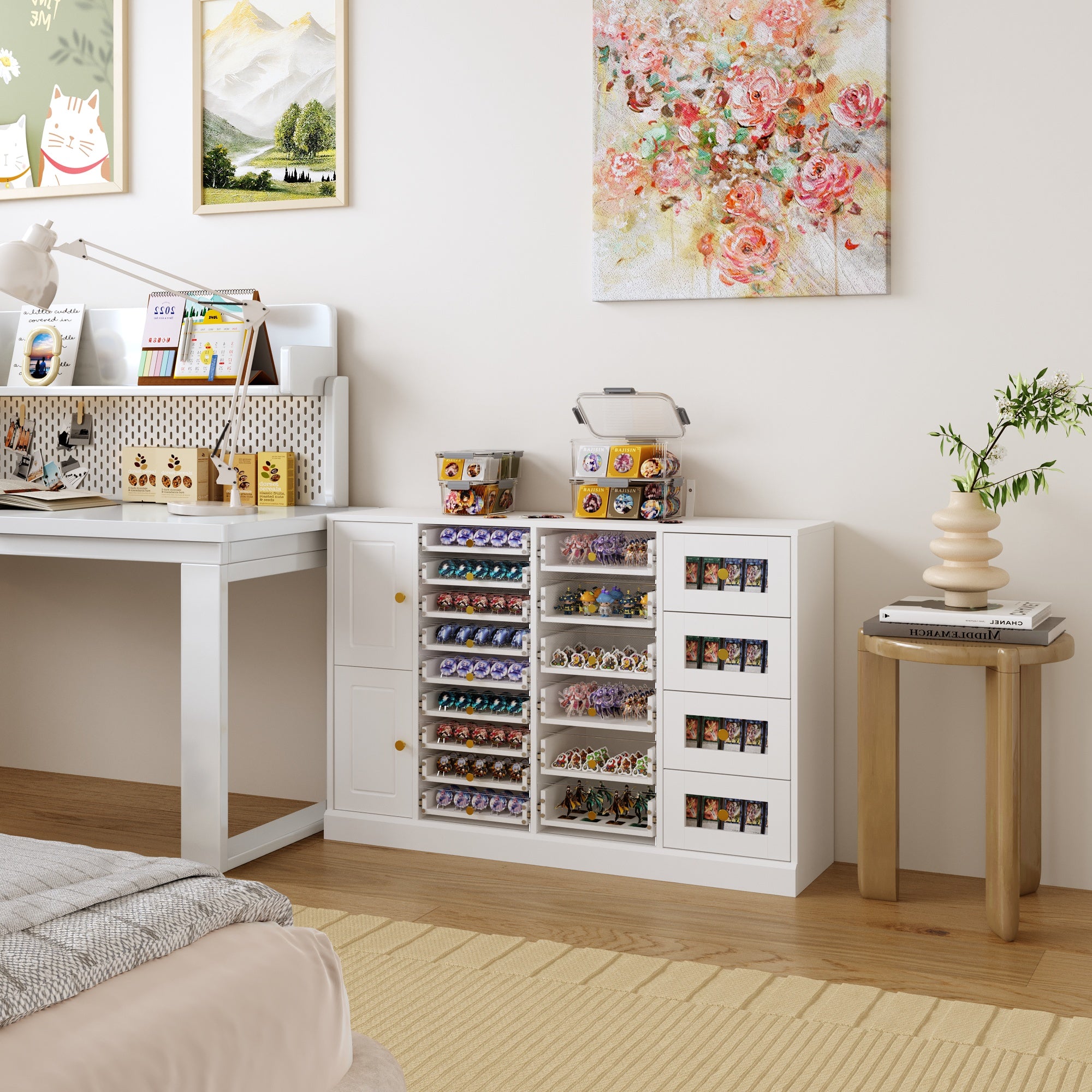 White nail polish storage cabinet with clear drawers, shelves, and side cabinet door