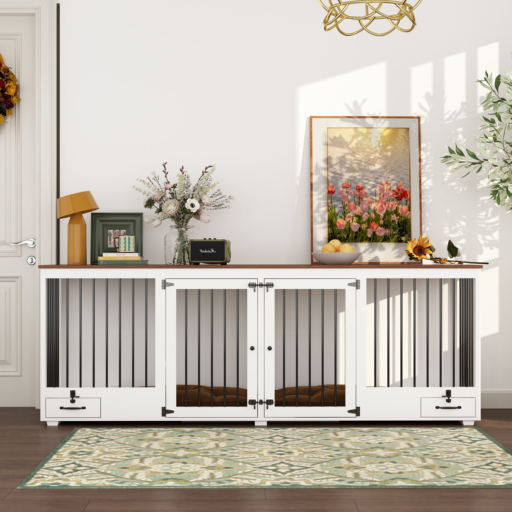 Large Dog Crate Furniture With Pull-Out Dog Bowls And Divider