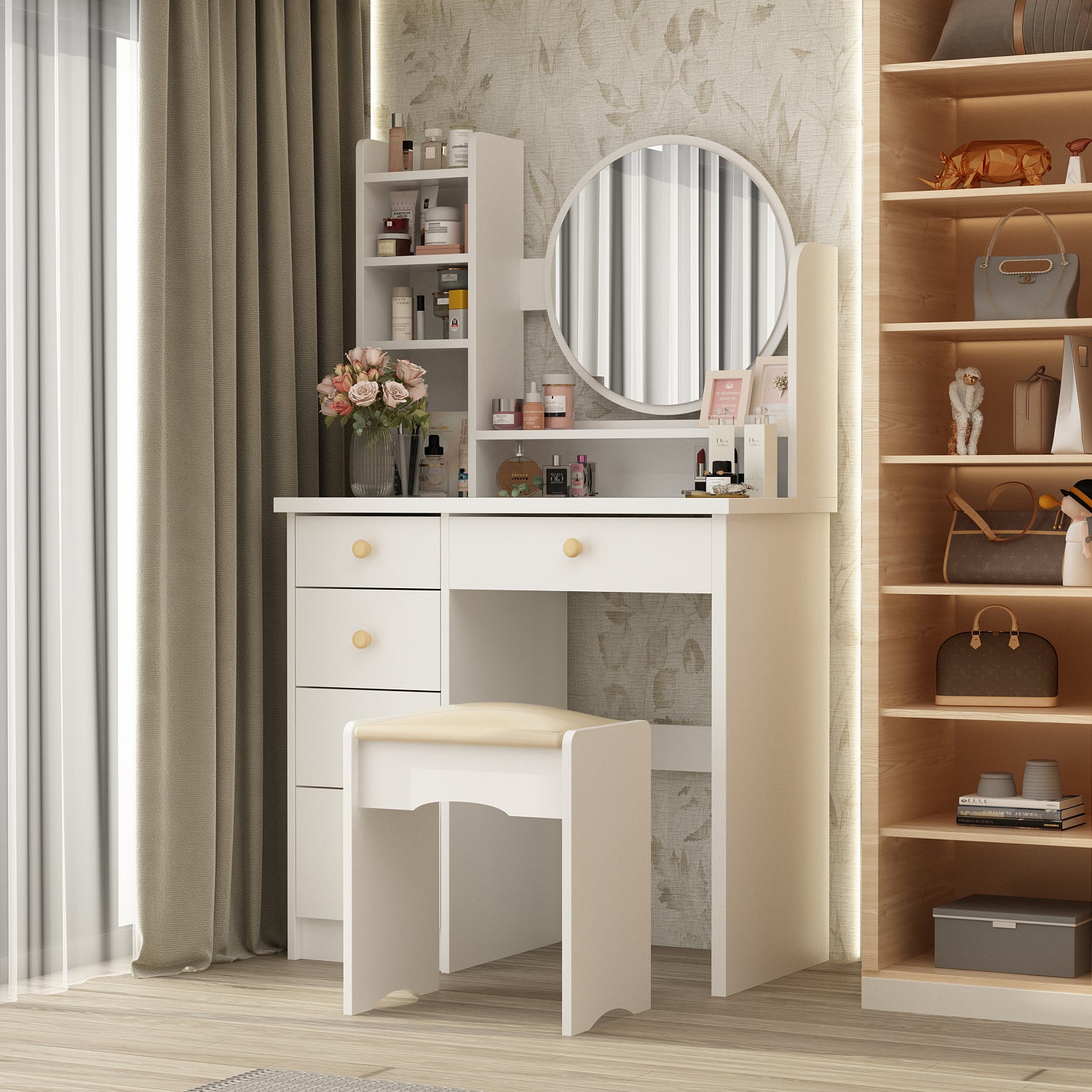 Makeup Vanity Set with Cushioned Stool, 5 Drawers & Display Shelves