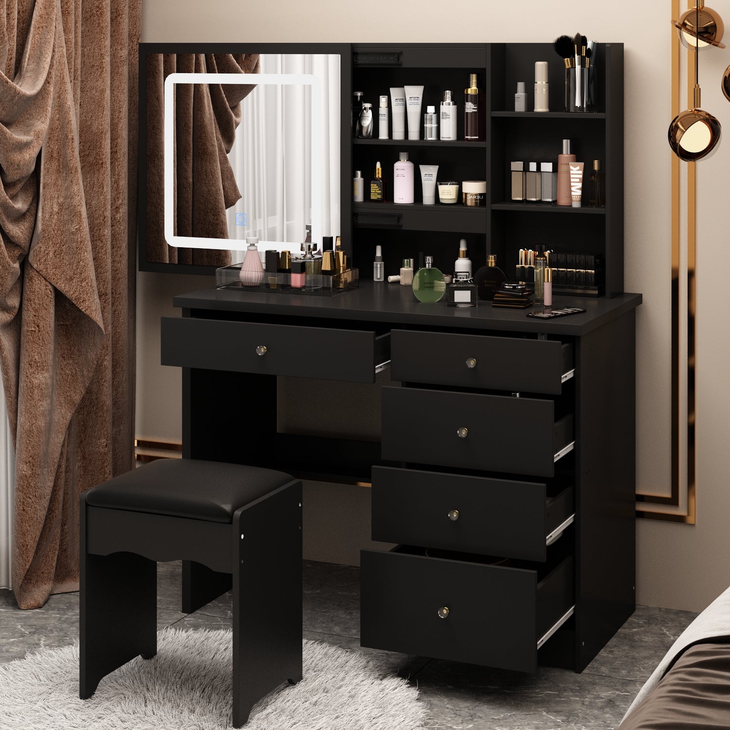Makeup Vanity Set with Sliding Lighted Mirror, Cushioned Stool, 5 Drawers & Shelves
