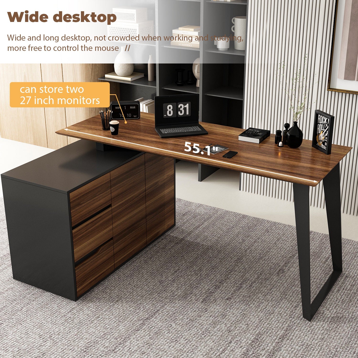 L-Shaped Corner Computer Desk with Drawers Brown Wood Grain