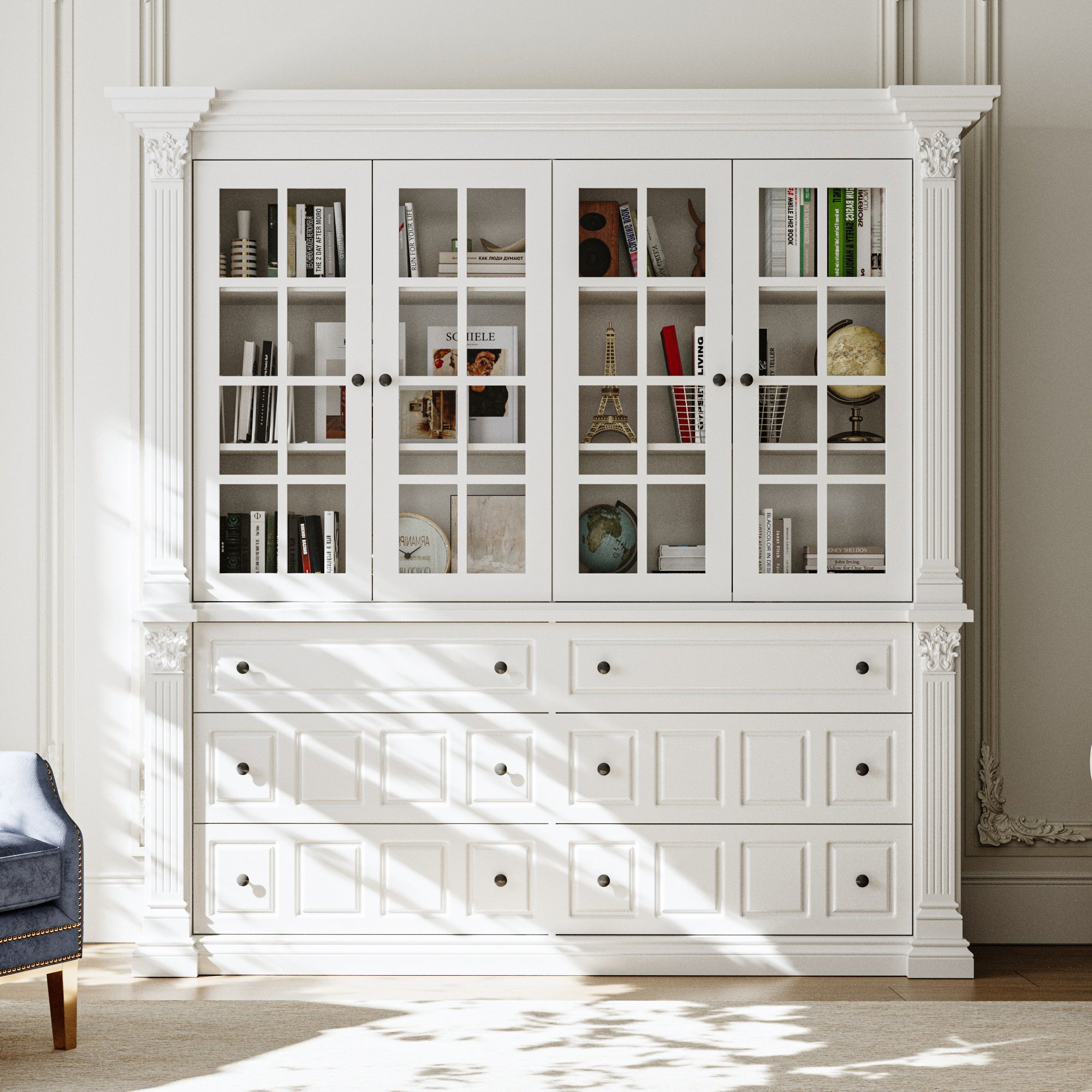 75'' 6-Drawer Symmetric Bookcase With Glass Doors