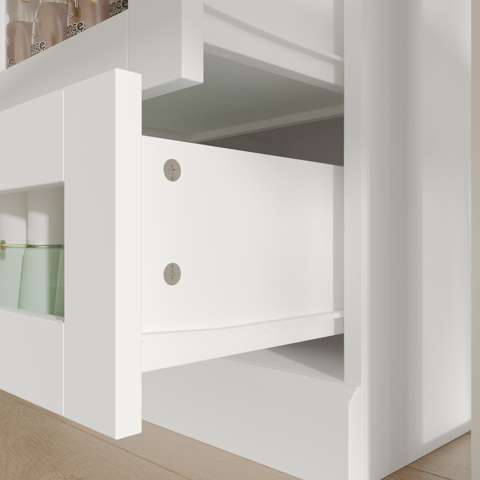 White nail polish storage cabinet with clear drawers, shelves, and side cabinet door